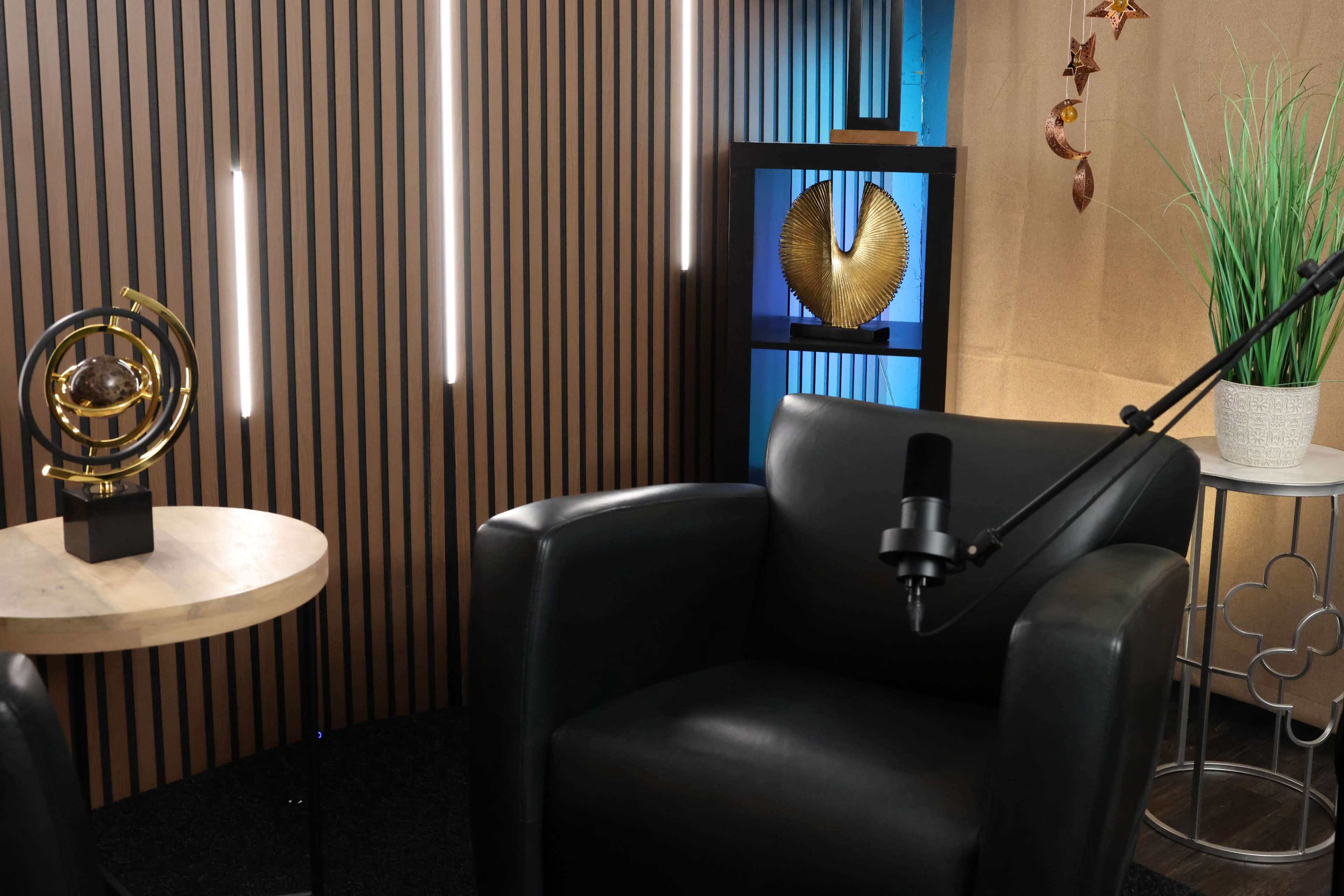 The image shows a modern interview set featuring a black armchair, a small round table with a decorative globe, and a backdrop of striped wood panels with a piece of art and green plant elements.