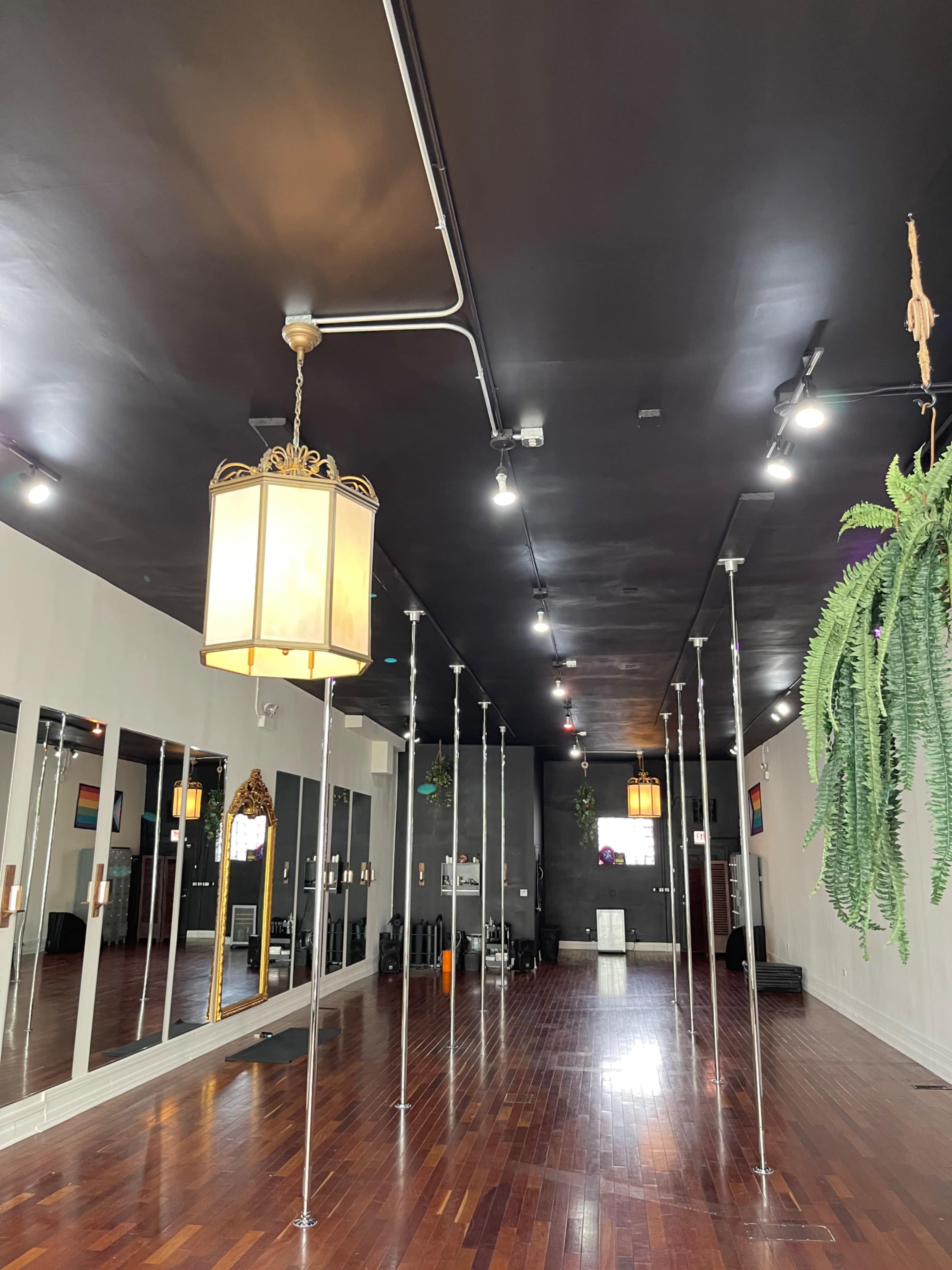 The image shows a spacious dance studio with polished wooden floors, mirrored walls, and several pole dance posts under soft lighting.