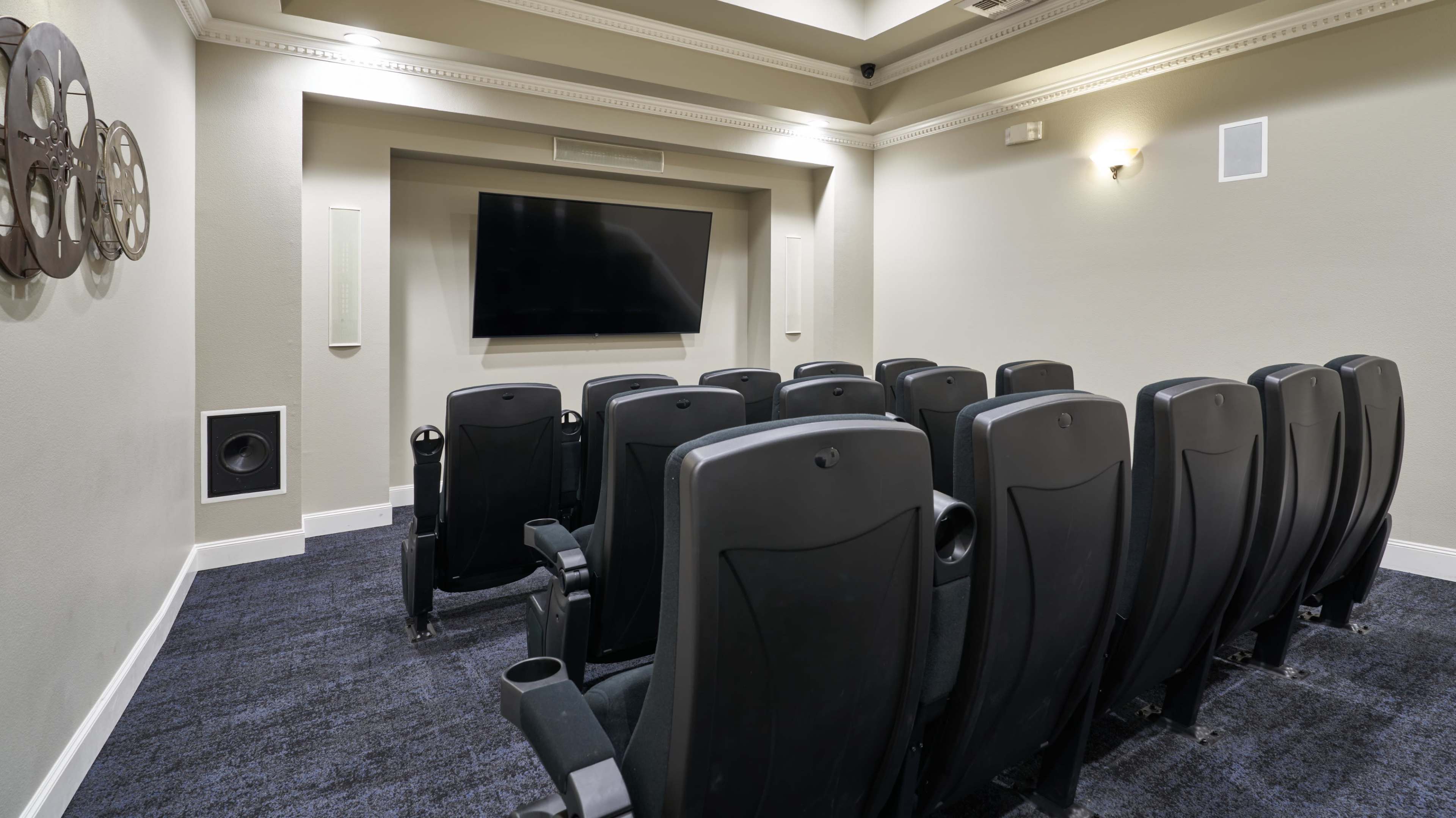 The image shows a small home theater with black seating arranged in rows facing a wall-mounted television.