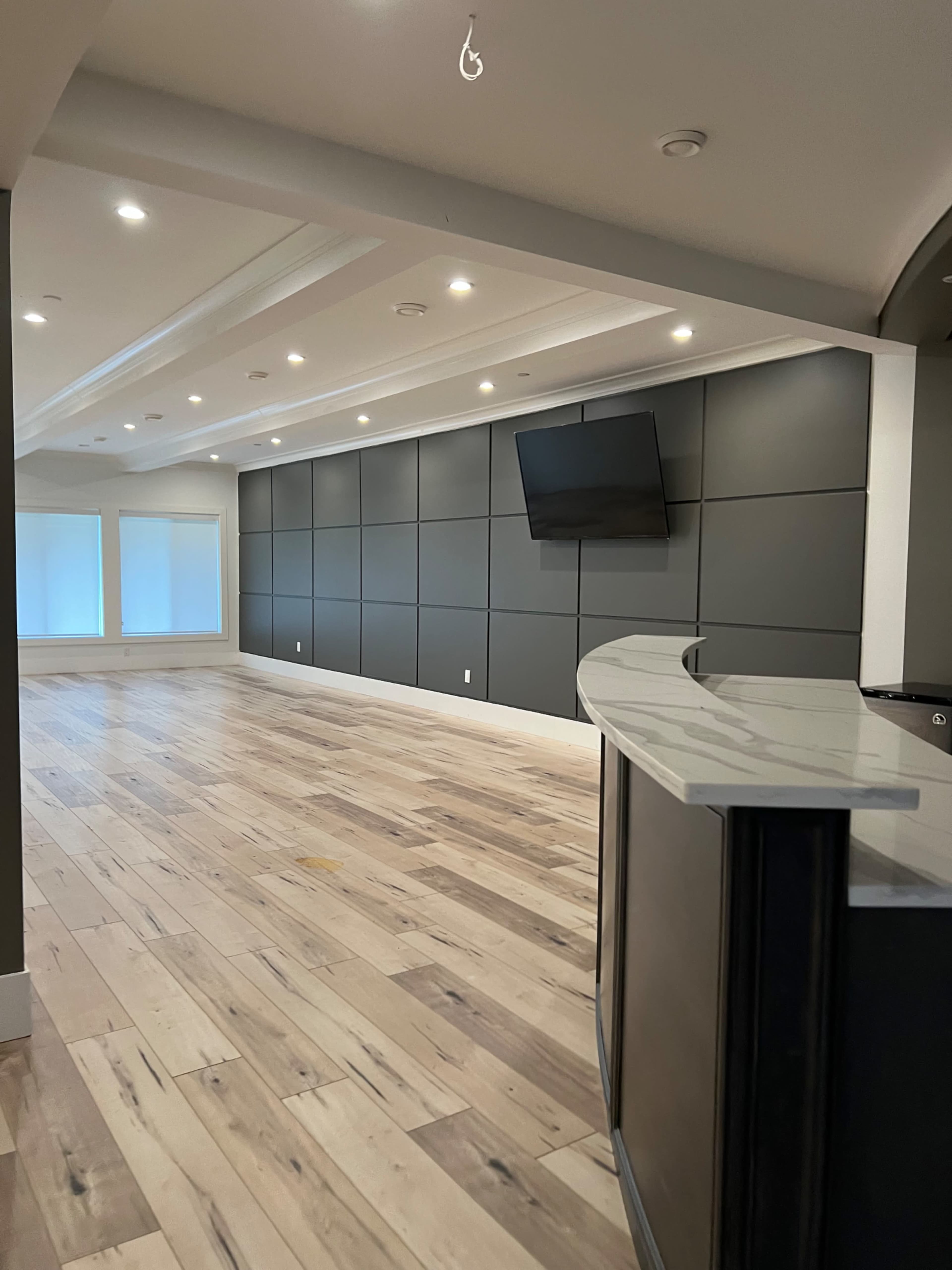 An empty room features a wood floor, a curved countertop, a mounted television on a dark paneled wall, and two windows with blinds.