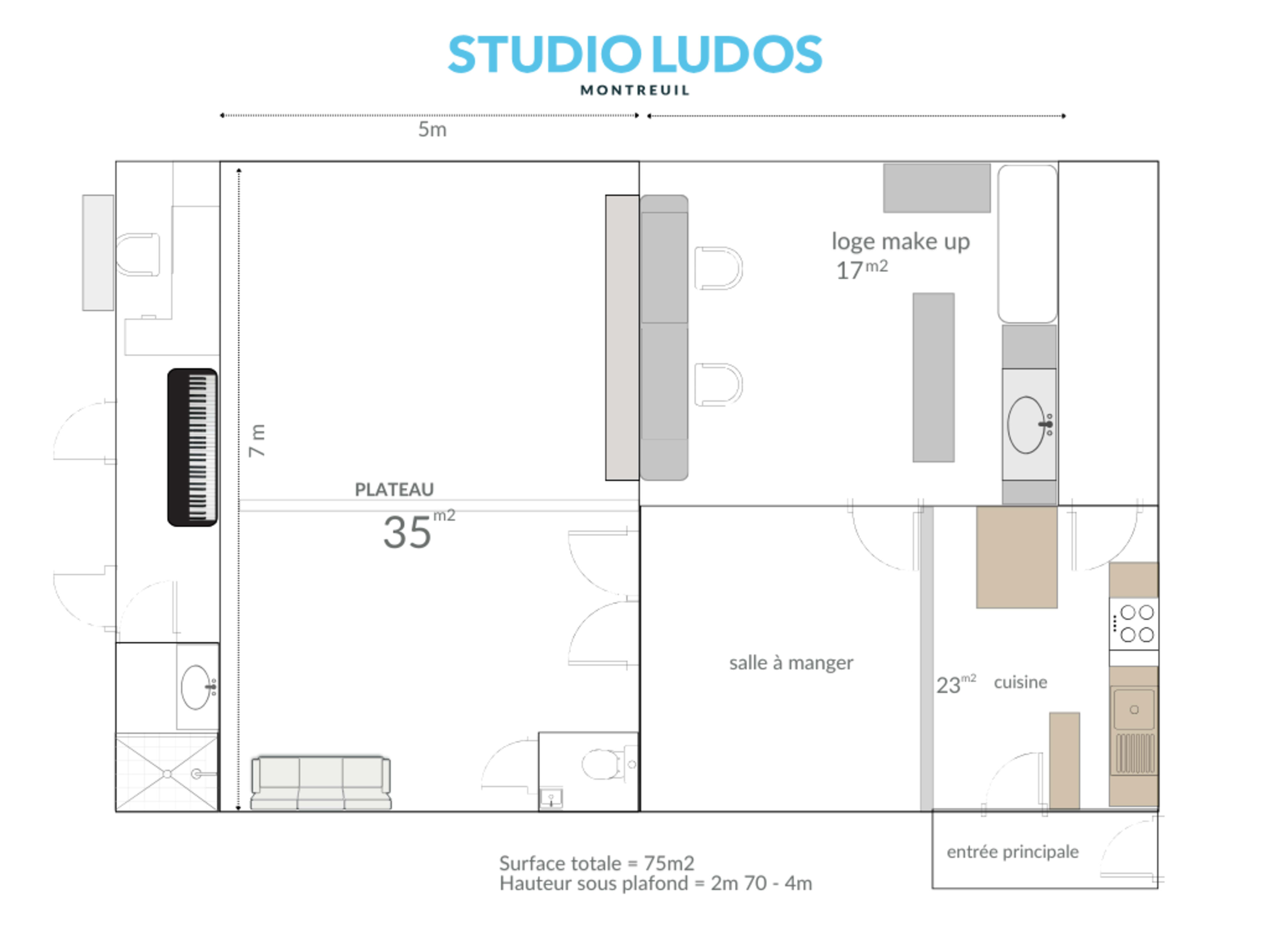The image is a floor plan of a studio apartment, labeled "Studio Ludos" in Montreuil, with distinct areas for a living space, kitchen, dining area, and a make-up loge.
