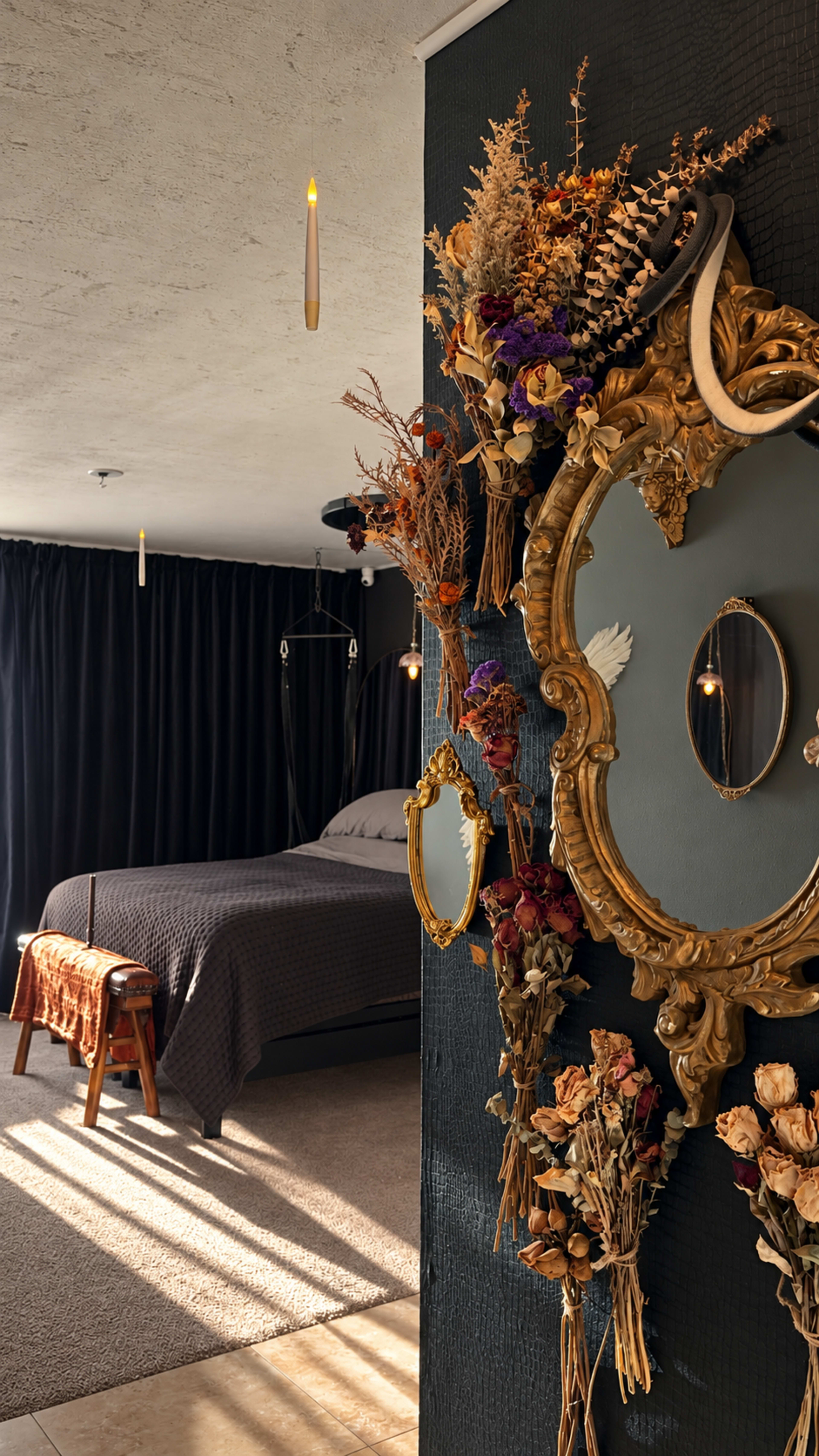 The image showcases a stylish bedroom with a dark color scheme, featuring a decorative wall mirror surrounded by dried flowers and an ornate frame, contrasted by a neatly made bed in the background.