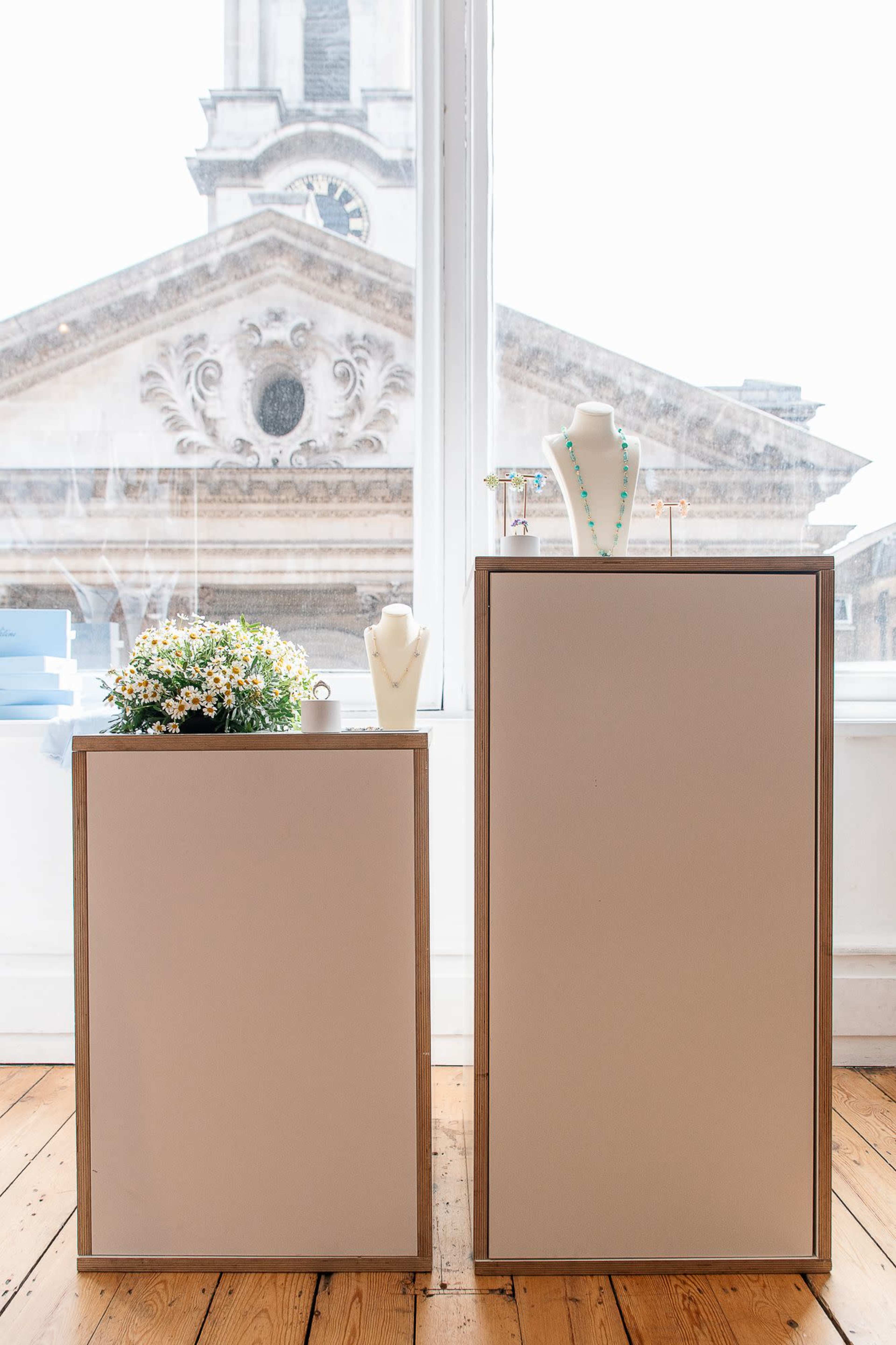 The image shows two display stands in a bright room, with a decorative plant on the smaller stand and jewelry on the larger stand, while a historic building is visible through the window.