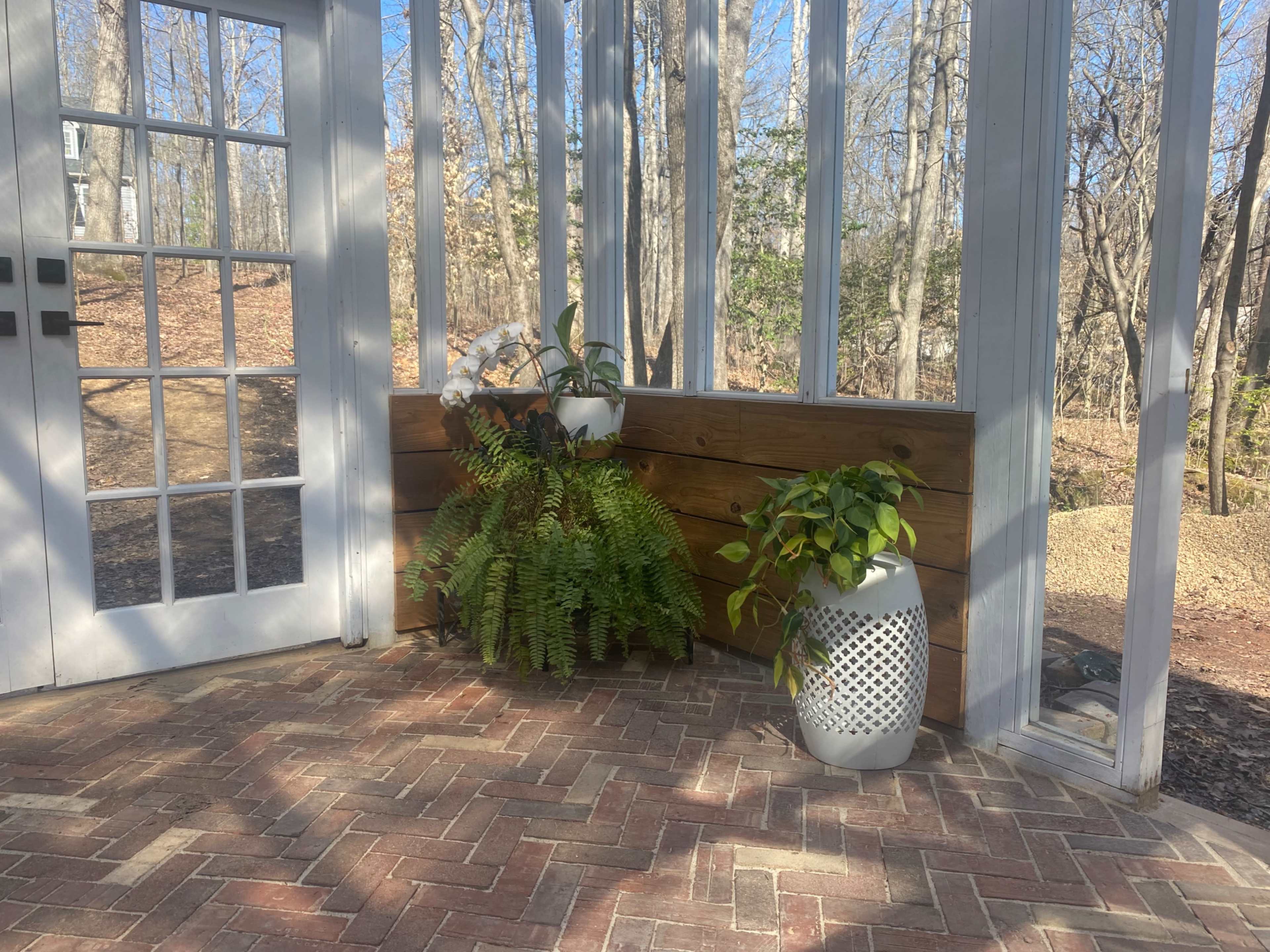 A sunlit corner of a screened porch featuring two potted plants beside a wooden wall and a set of double glass doors.