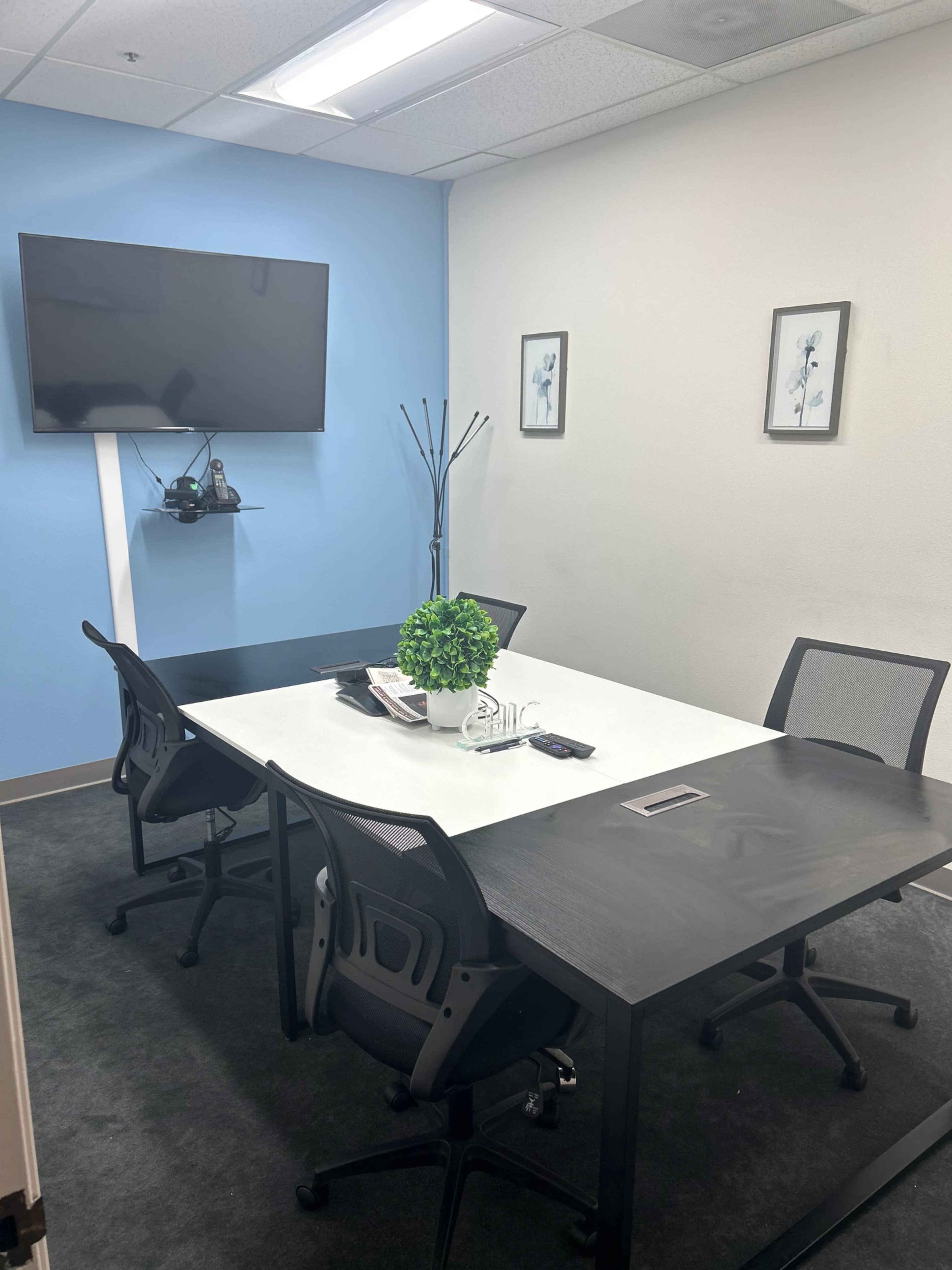 A small conference room features a table with four chairs, a television mounted on the wall, and a decorative plant in the center.