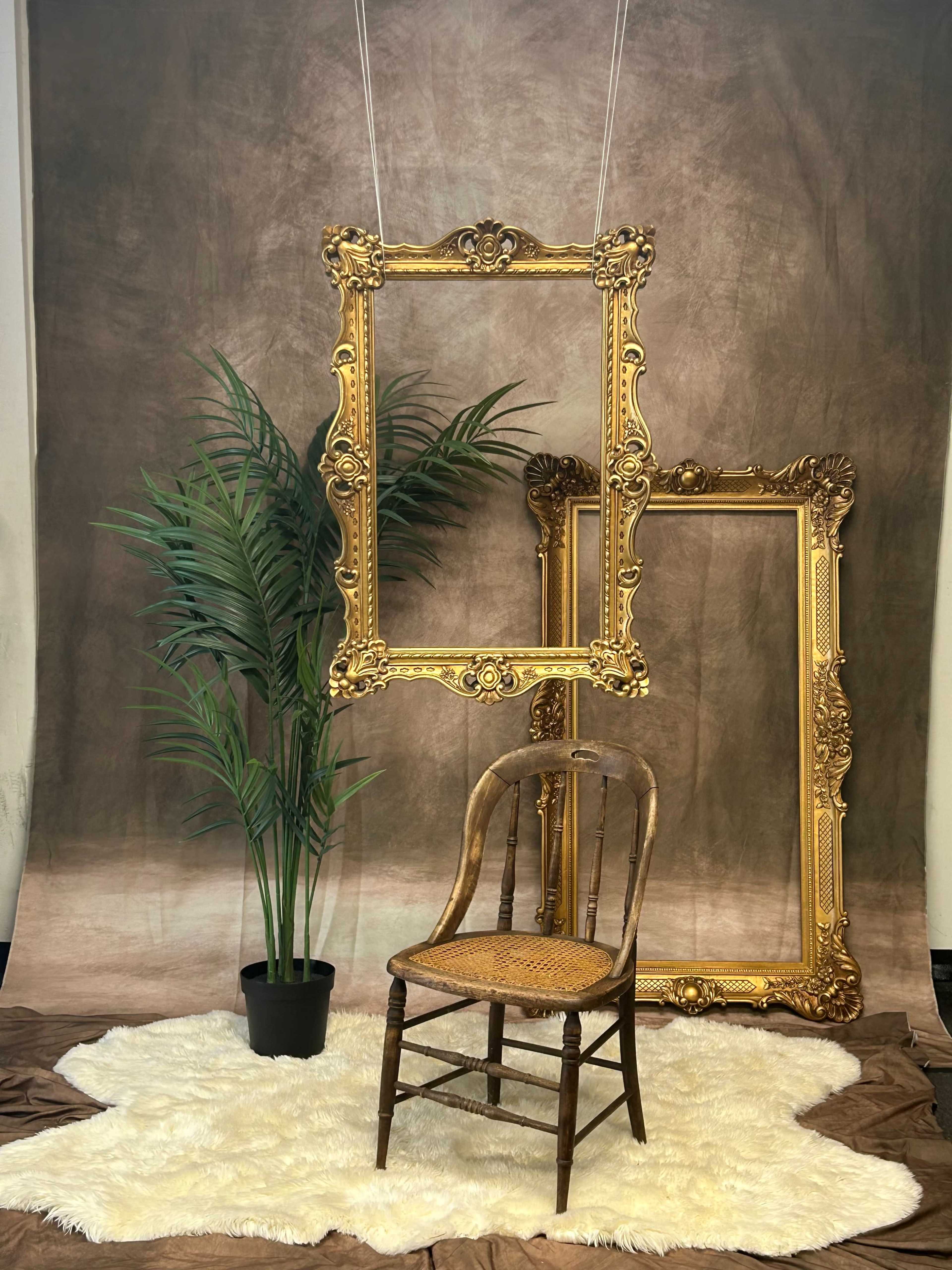 The image features two ornate gold picture frames suspended above a wooden chair on a textured backdrop with a potted plant nearby.