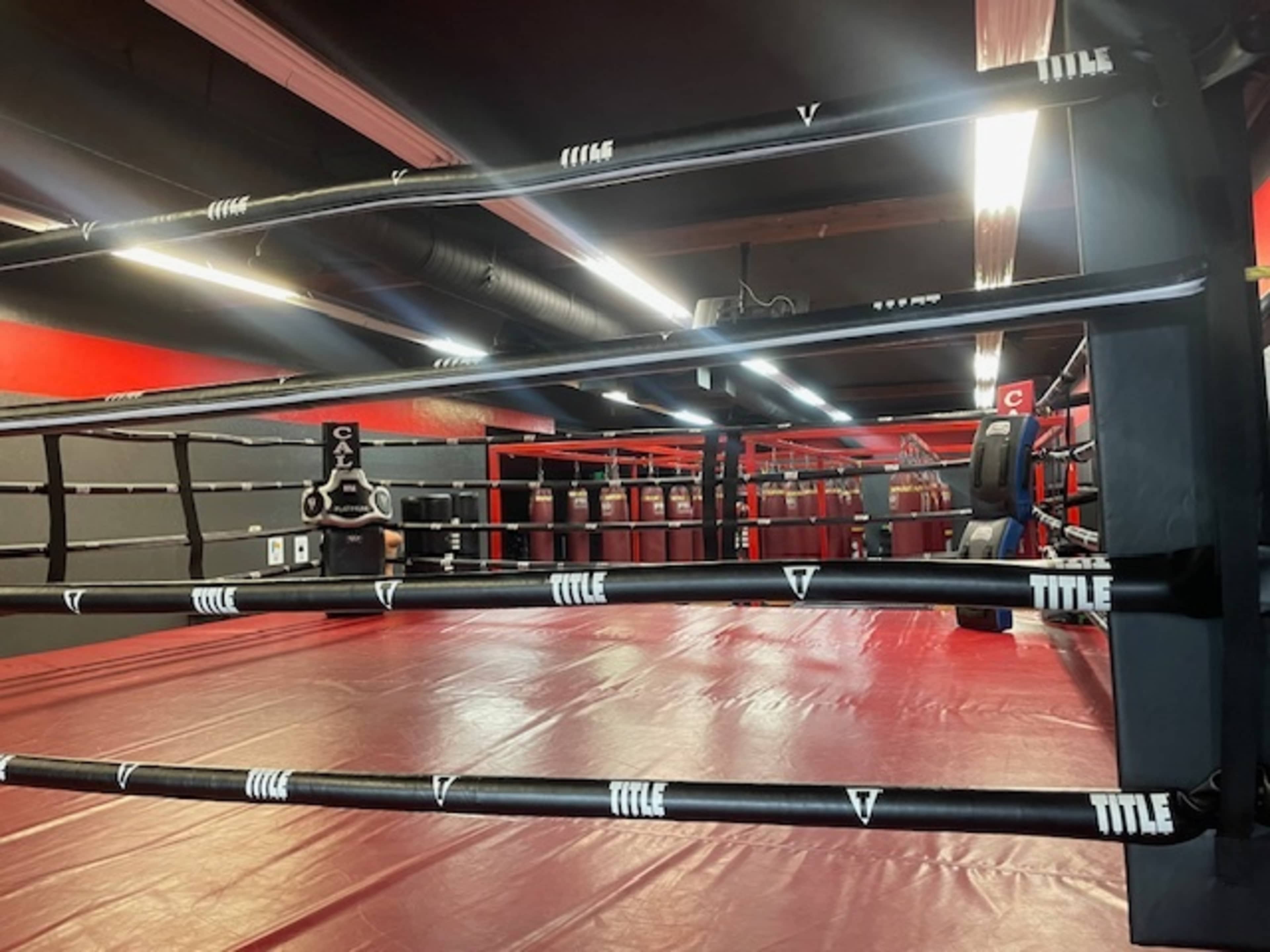 A boxing gym featuring a ring with red flooring and black ropes, surrounded by training equipment and punch bags.