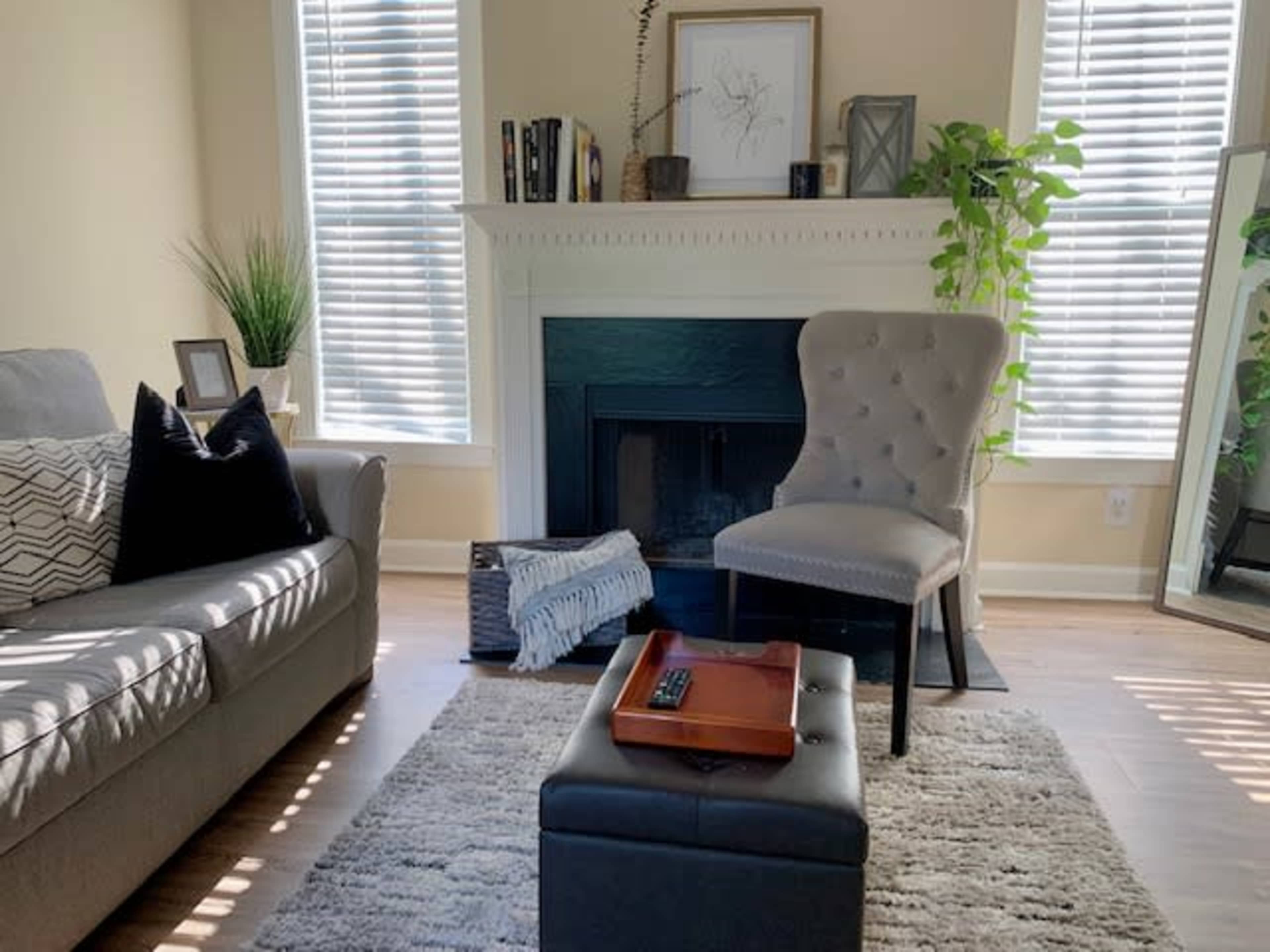 The living room features a gray sofa, a tufted chair, a coffee table, and a fireplace flanked by houseplants and a large mirror.