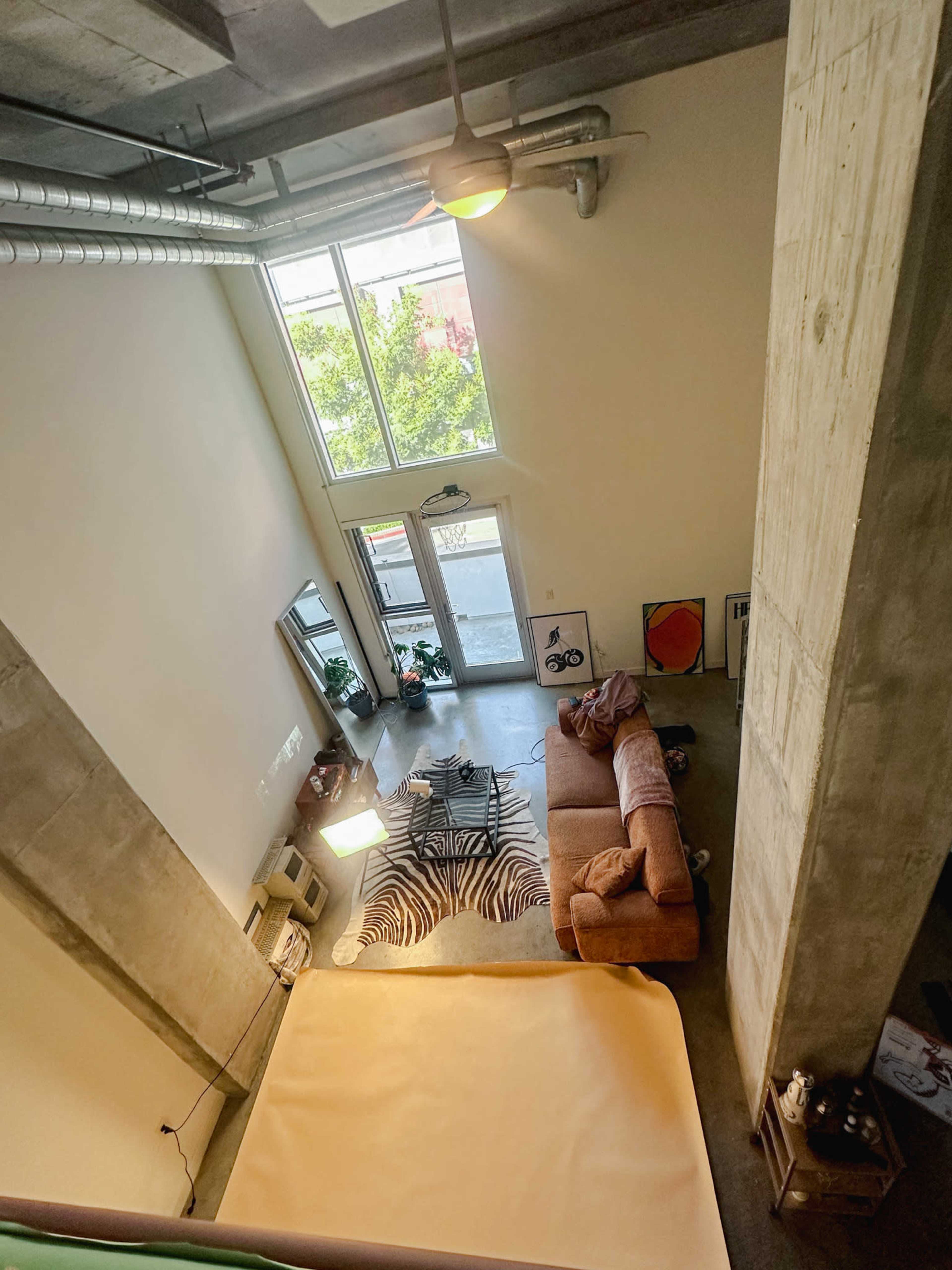 The image shows a spacious industrial-style living room with a large window, a tan sofa, a zebra-striped rug, and a coffee table, all situated on a polished concrete floor.