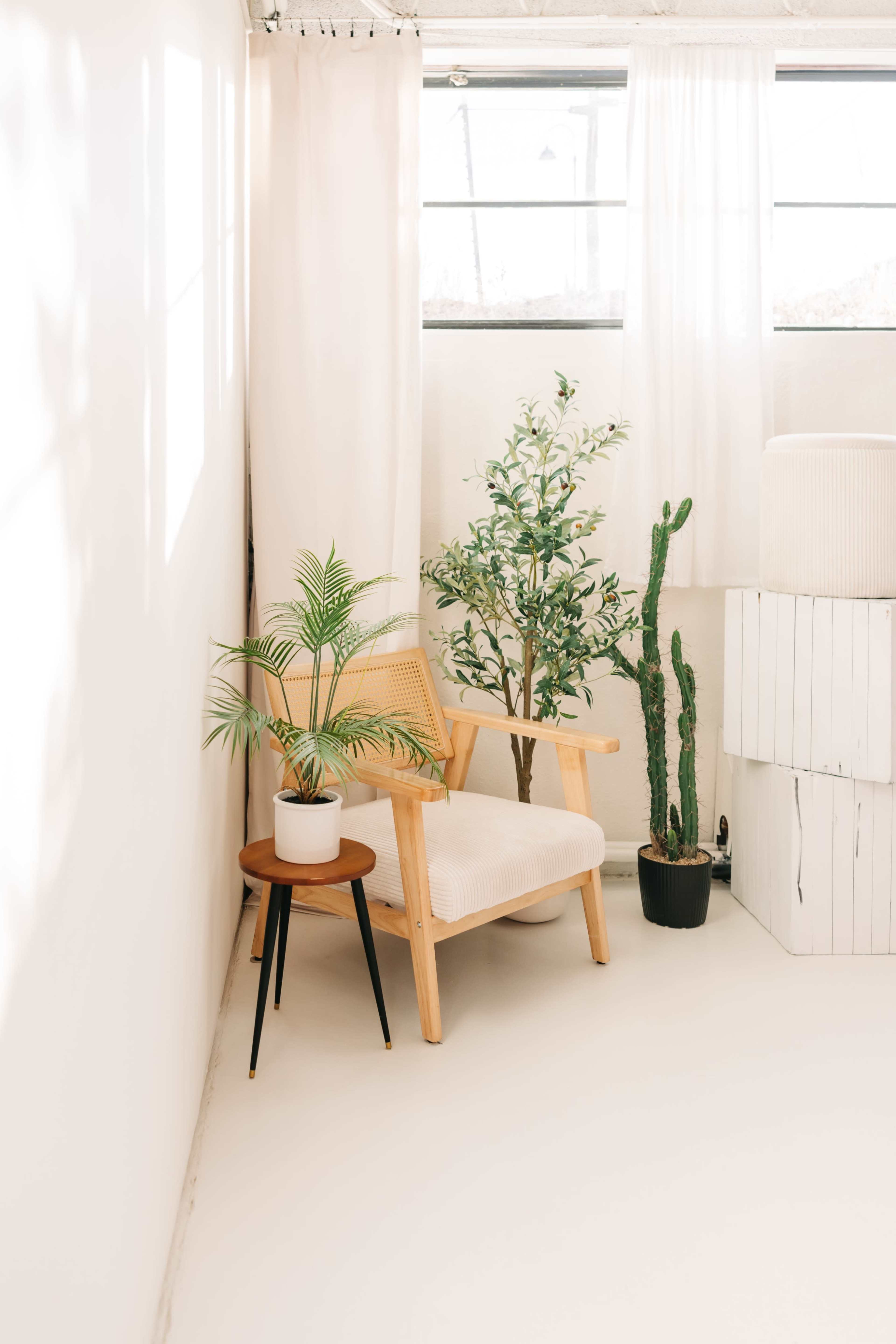 The image shows a cozy corner with a wooden chair beside a small table, featuring potted plants and light curtains filtering natural light.