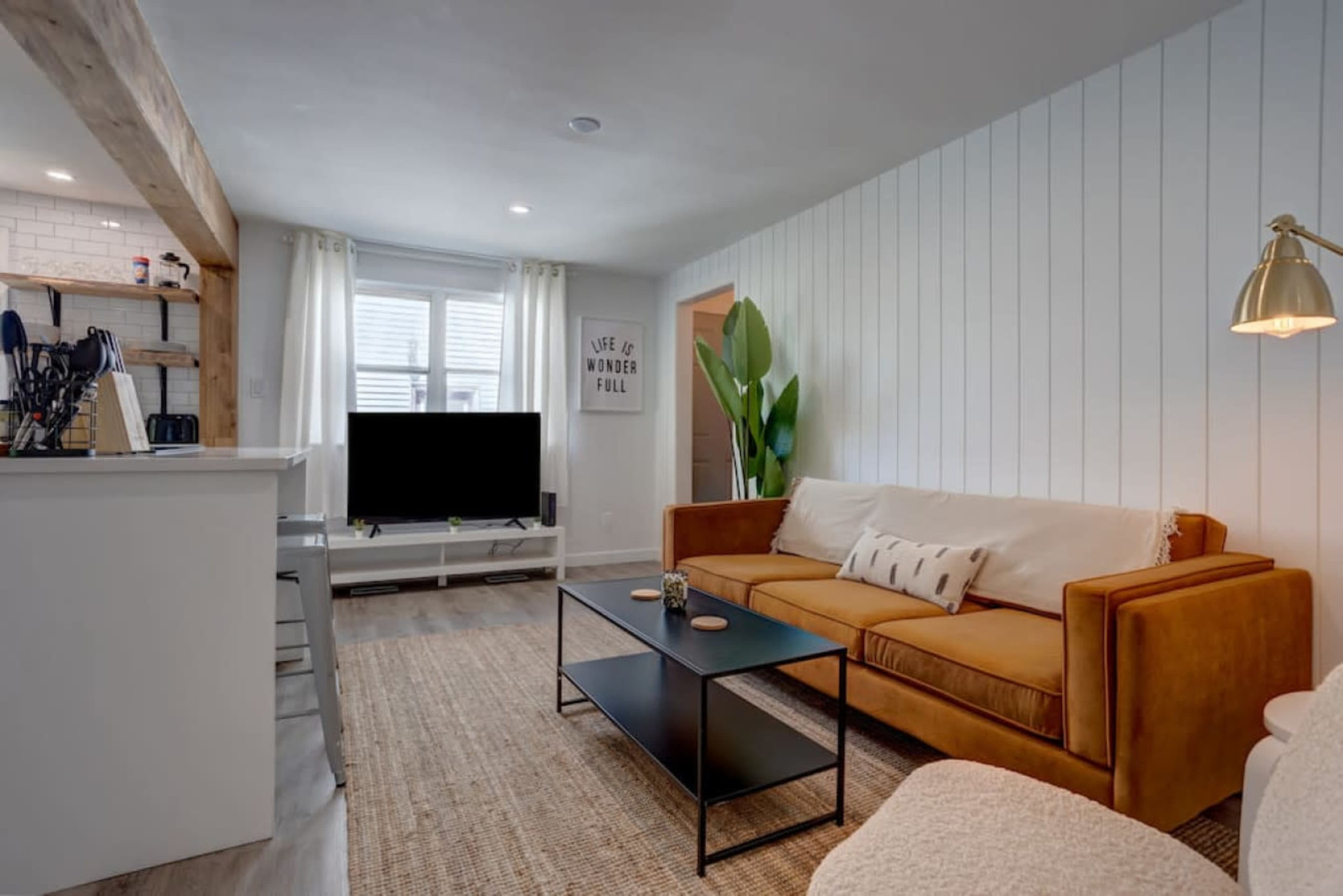The image shows a cozy living room featuring a brown sofa, a black coffee table, a television, and light-colored walls with a potted plant in the corner.