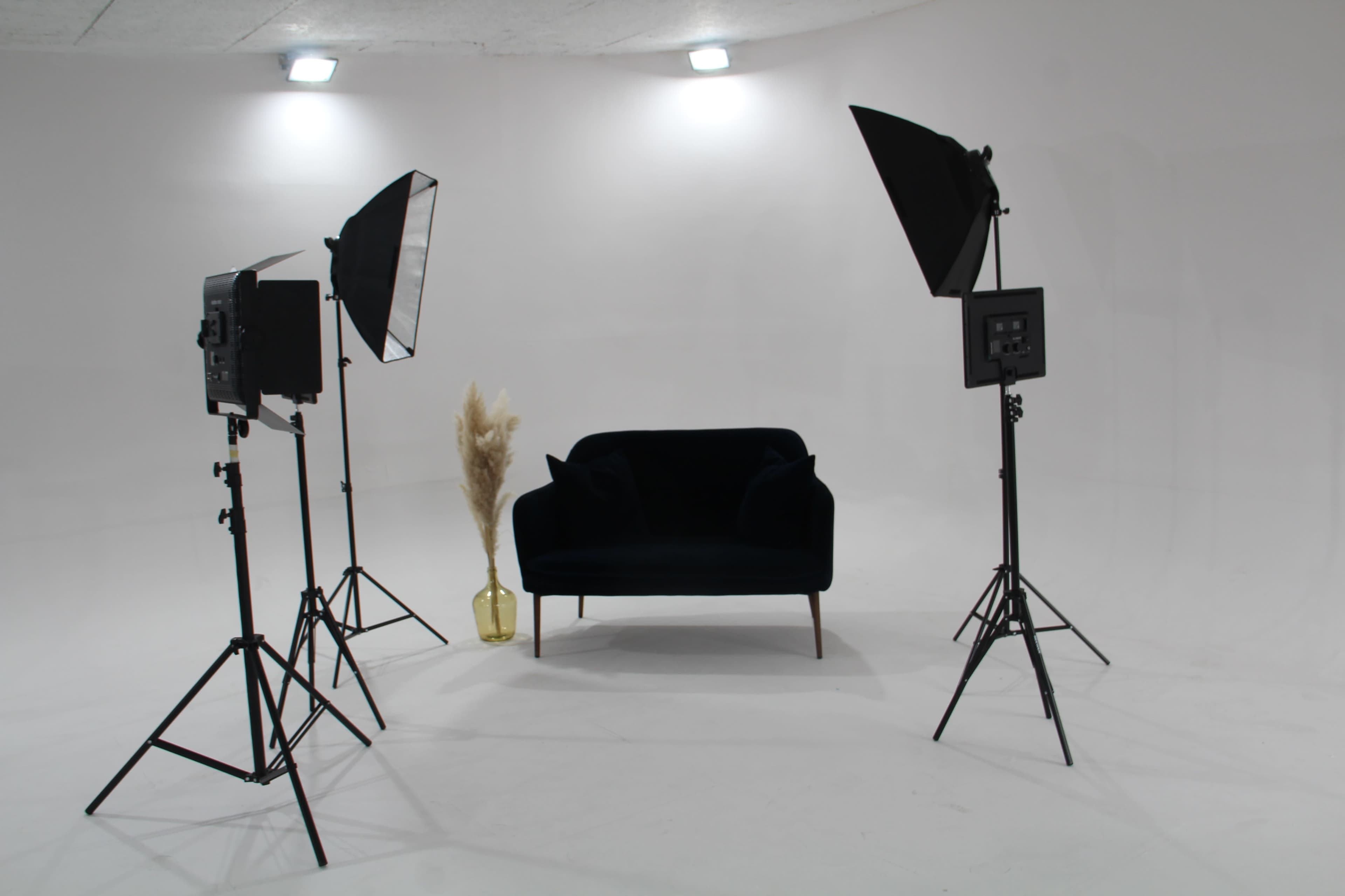 A minimalist studio setup with a black sofa centered between two light stands and a decorative plant in a vase.