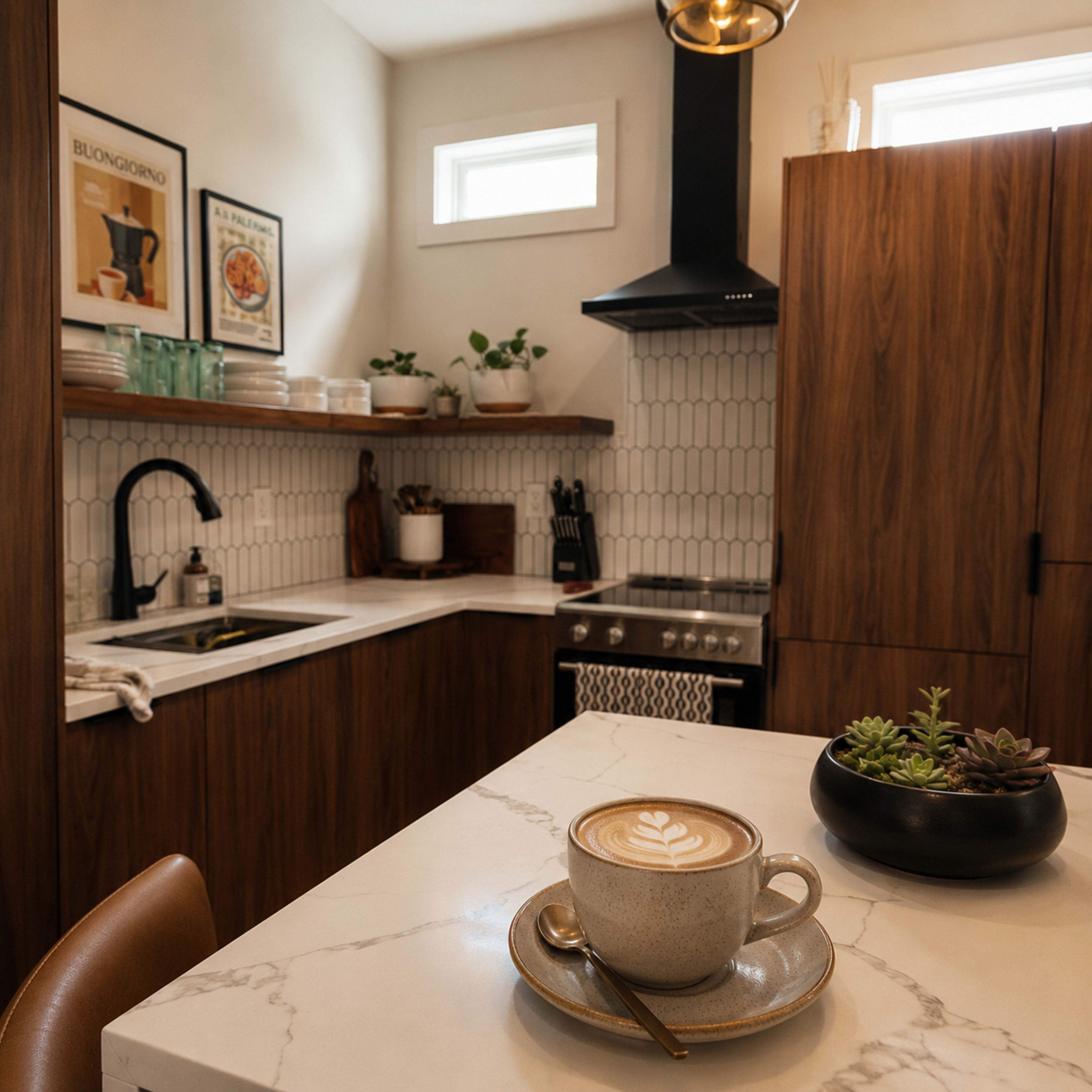 A modern kitchen features wooden cabinetry, a stove, and a marble countertop topped with a latte and a small plant arrangement.