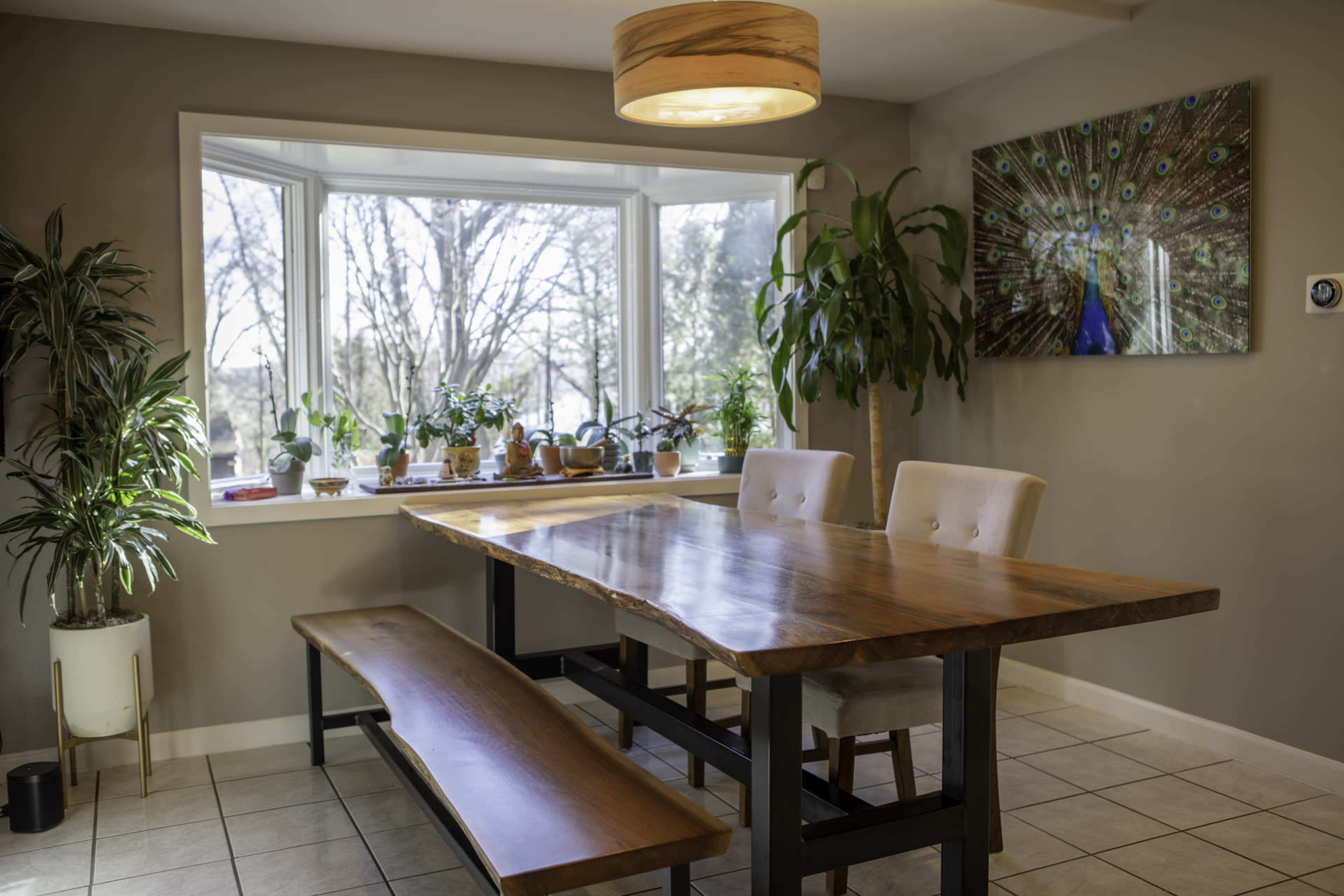 A wooden dining table with two upholstered chairs is positioned beneath a large window filled with potted plants.
