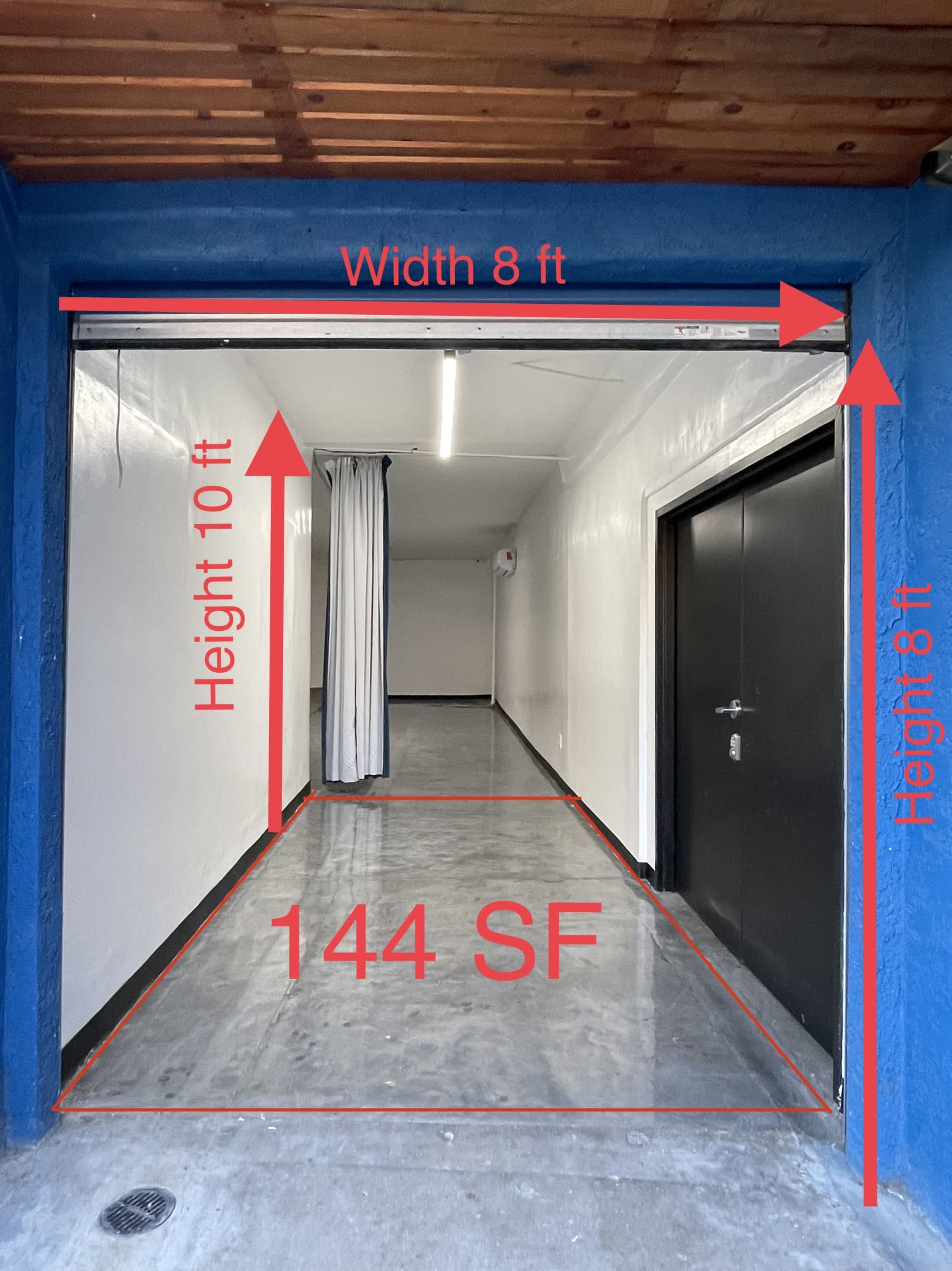 The image shows an entrance to a room with dimensions labeled: 8 feet wide, 10 feet high, and an interior space measuring 144 square feet.