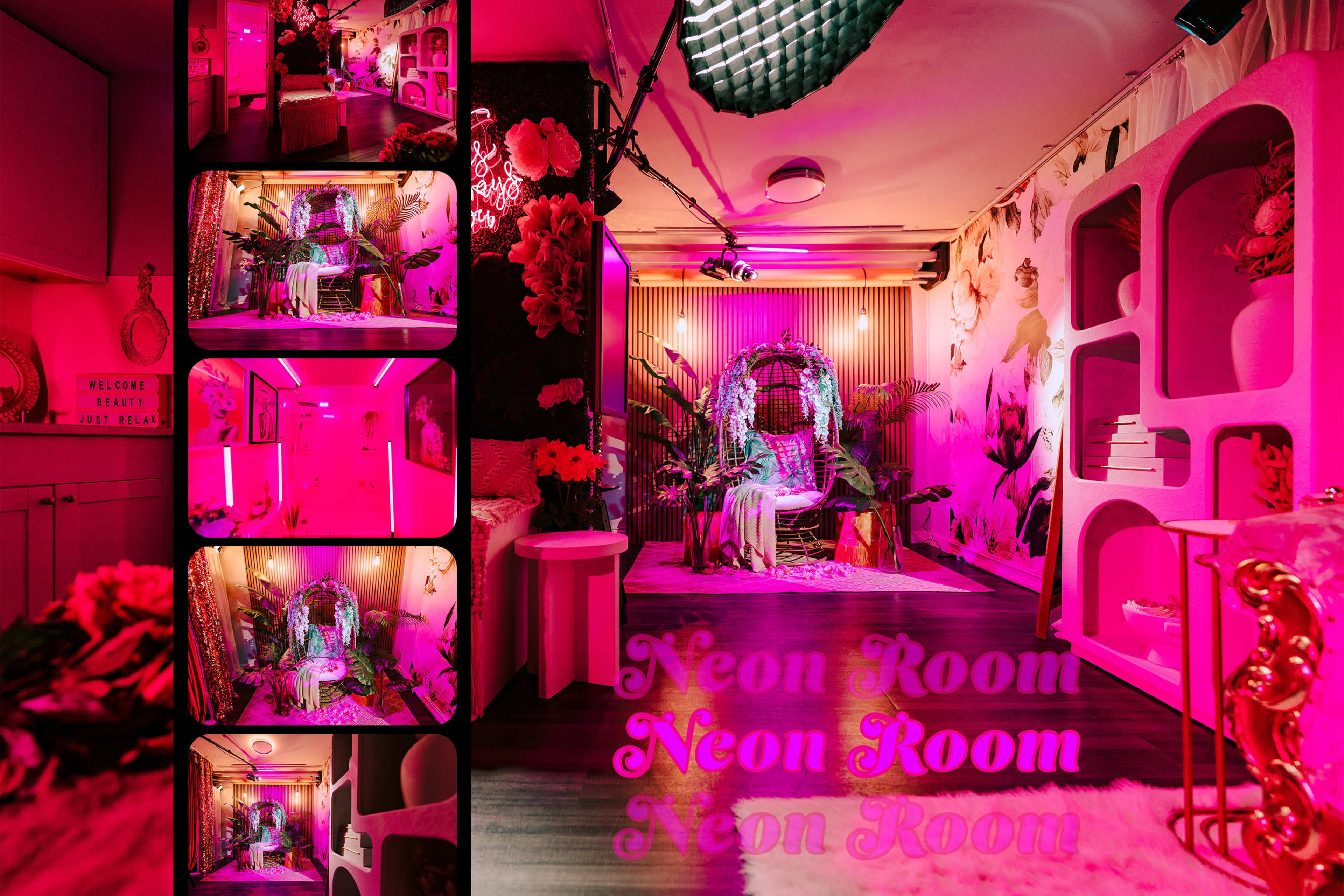 The image displays a vibrant interior known as the "Neon Room," featuring bold pink lighting, floral decorations, and an eclectic design.