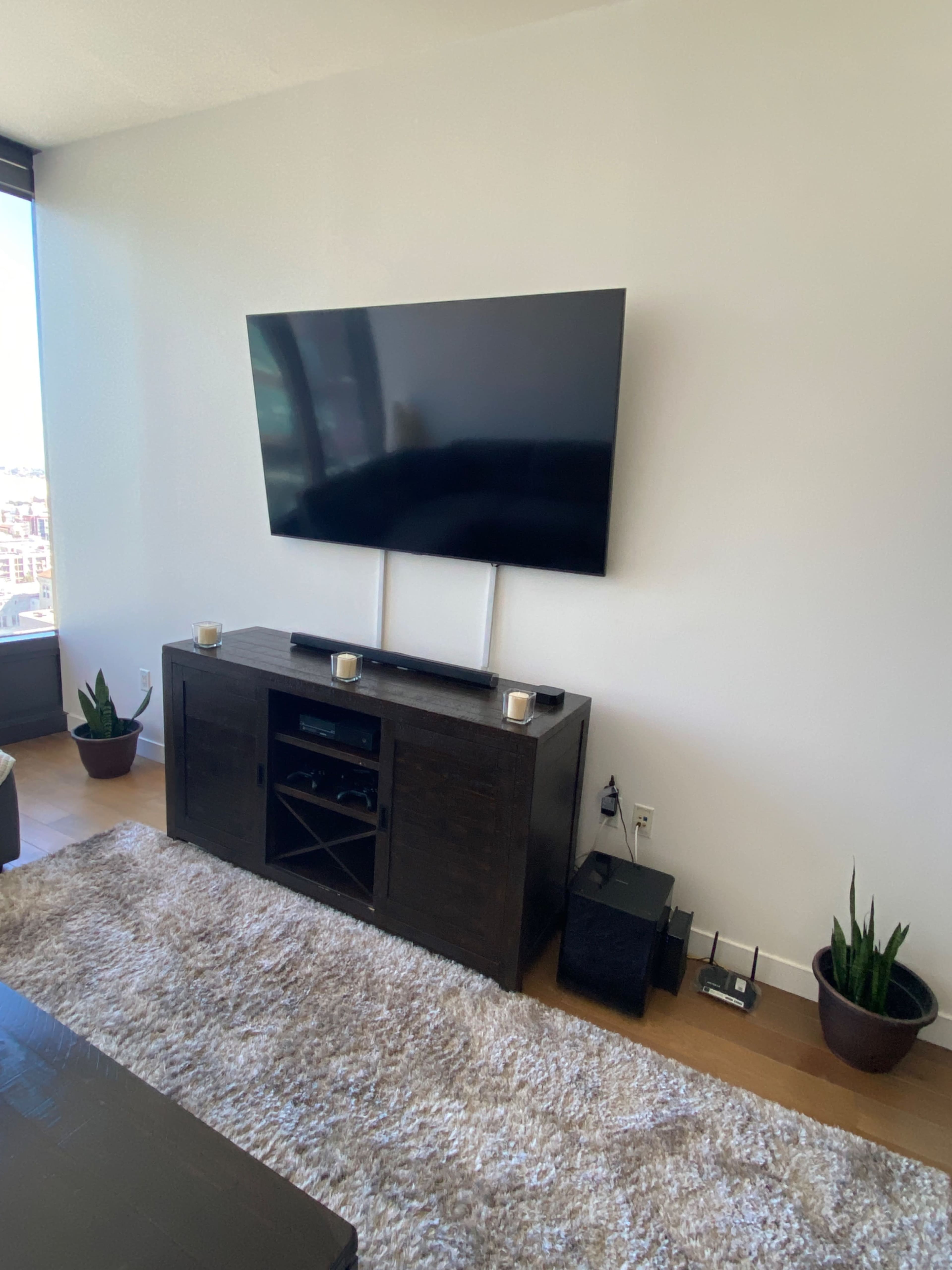 A flat-screen TV is mounted on a wall above a dark wooden media console, which is flanked by two potted plants, on a carpeted floor.