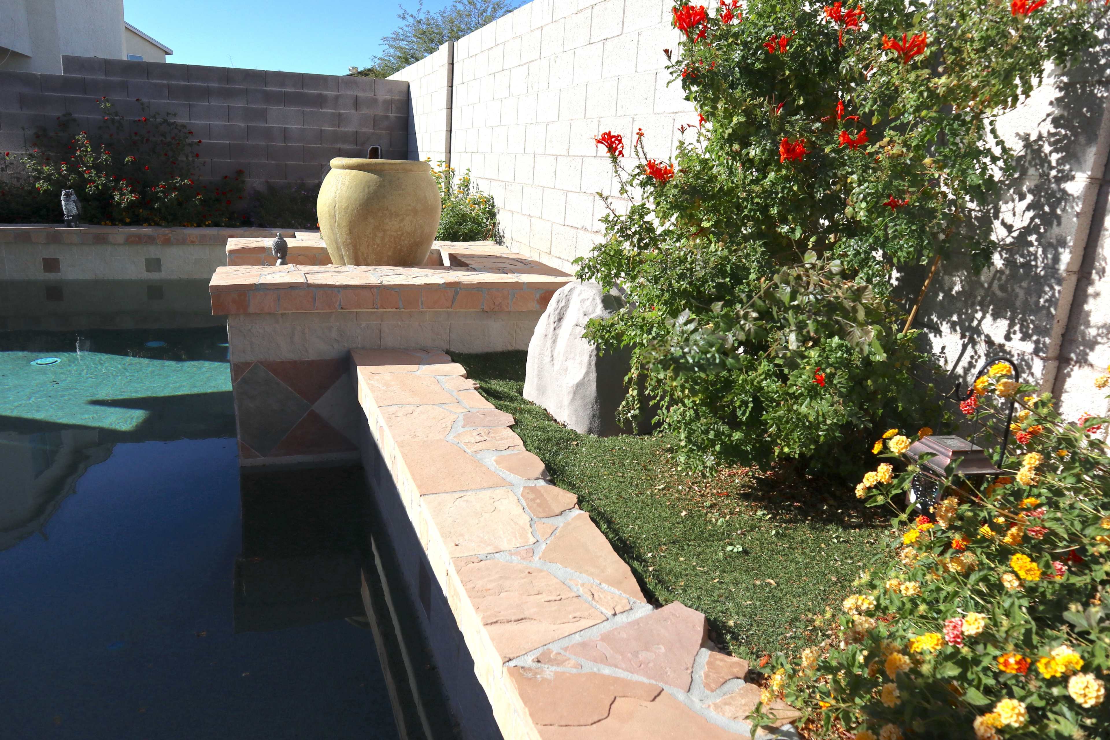 A landscaped backyard with a stone border, a swimming pool, a decorative pottery urn, and flowering plants.
