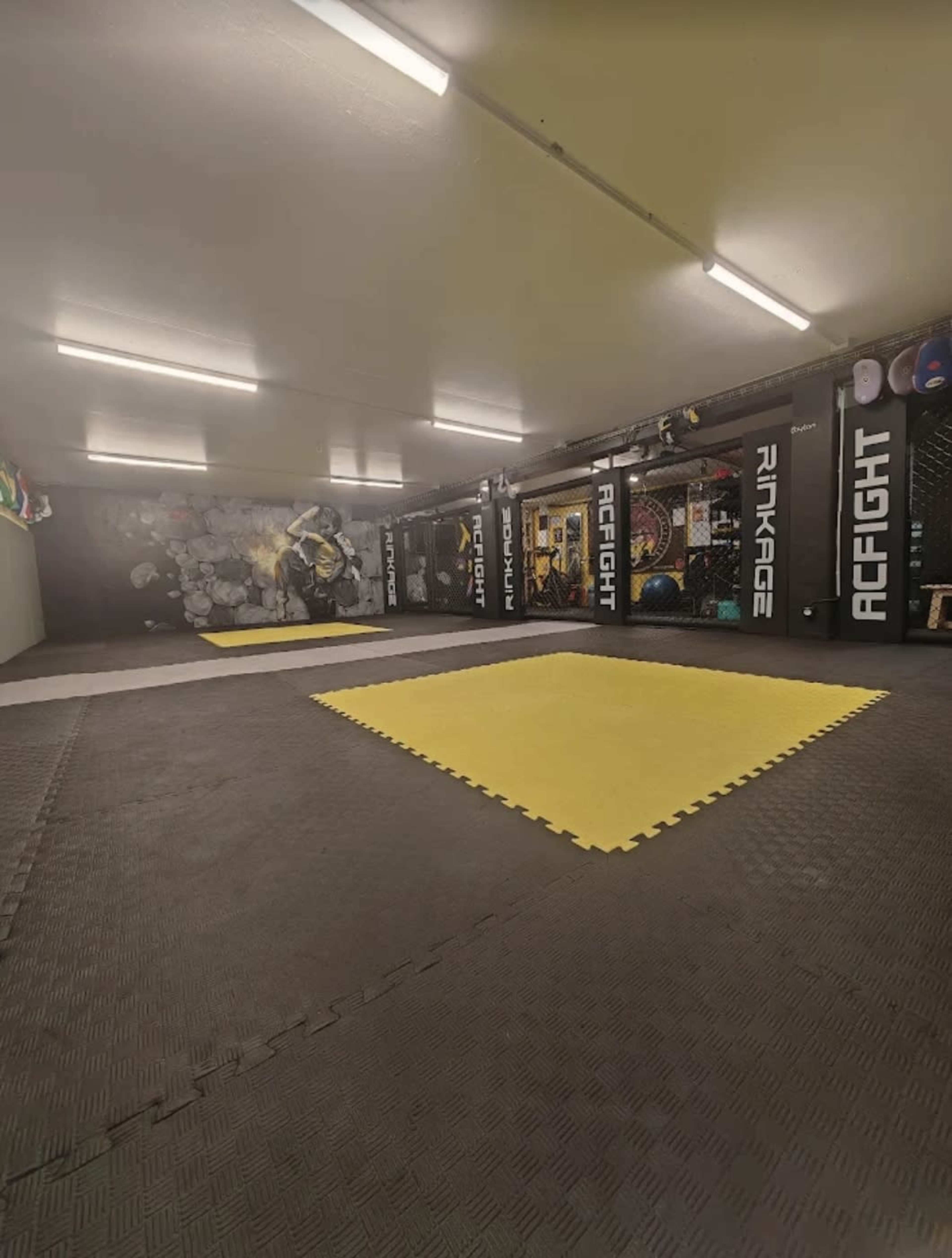 The image shows a training facility with a yellow mat in the center, surrounded by black mats and decorated walls featuring graphics related to combat sports.