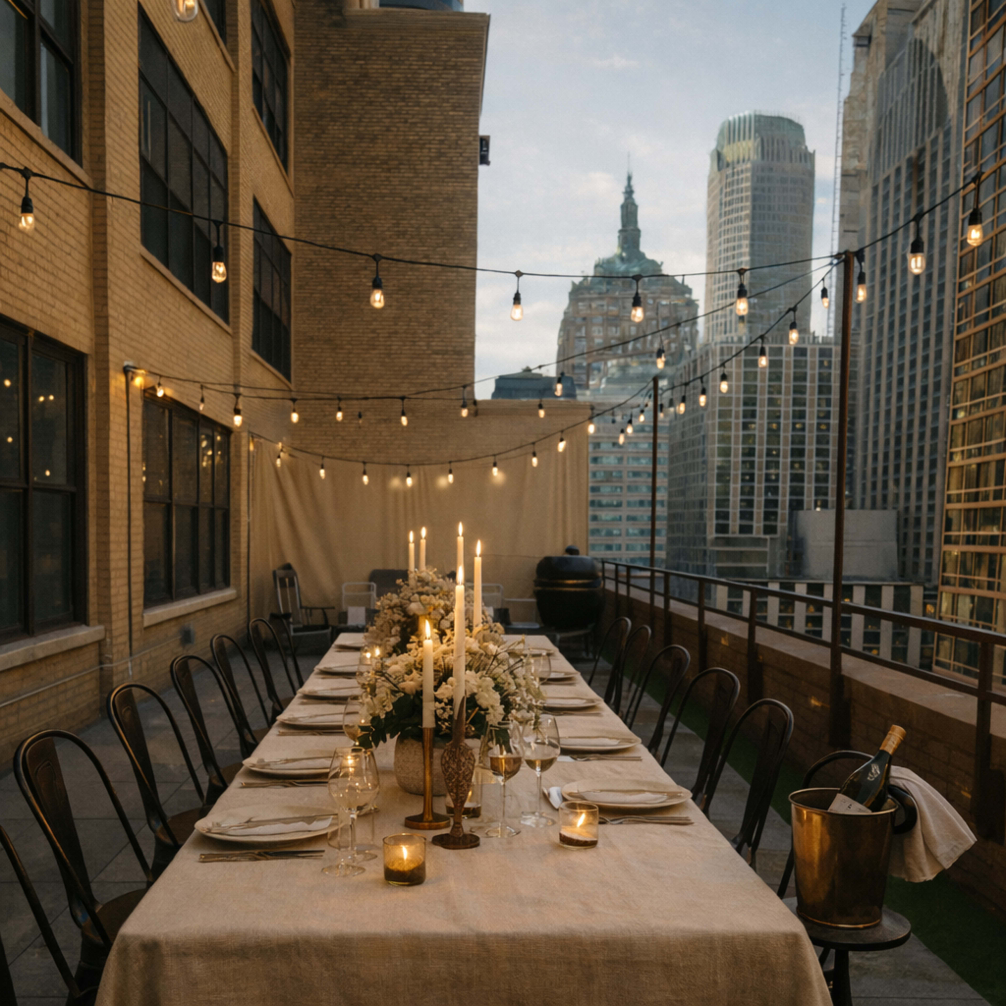 A long dining table is set with white tableware and candles on a rooftop terrace, surrounded by string lights and a city skyline in the background.