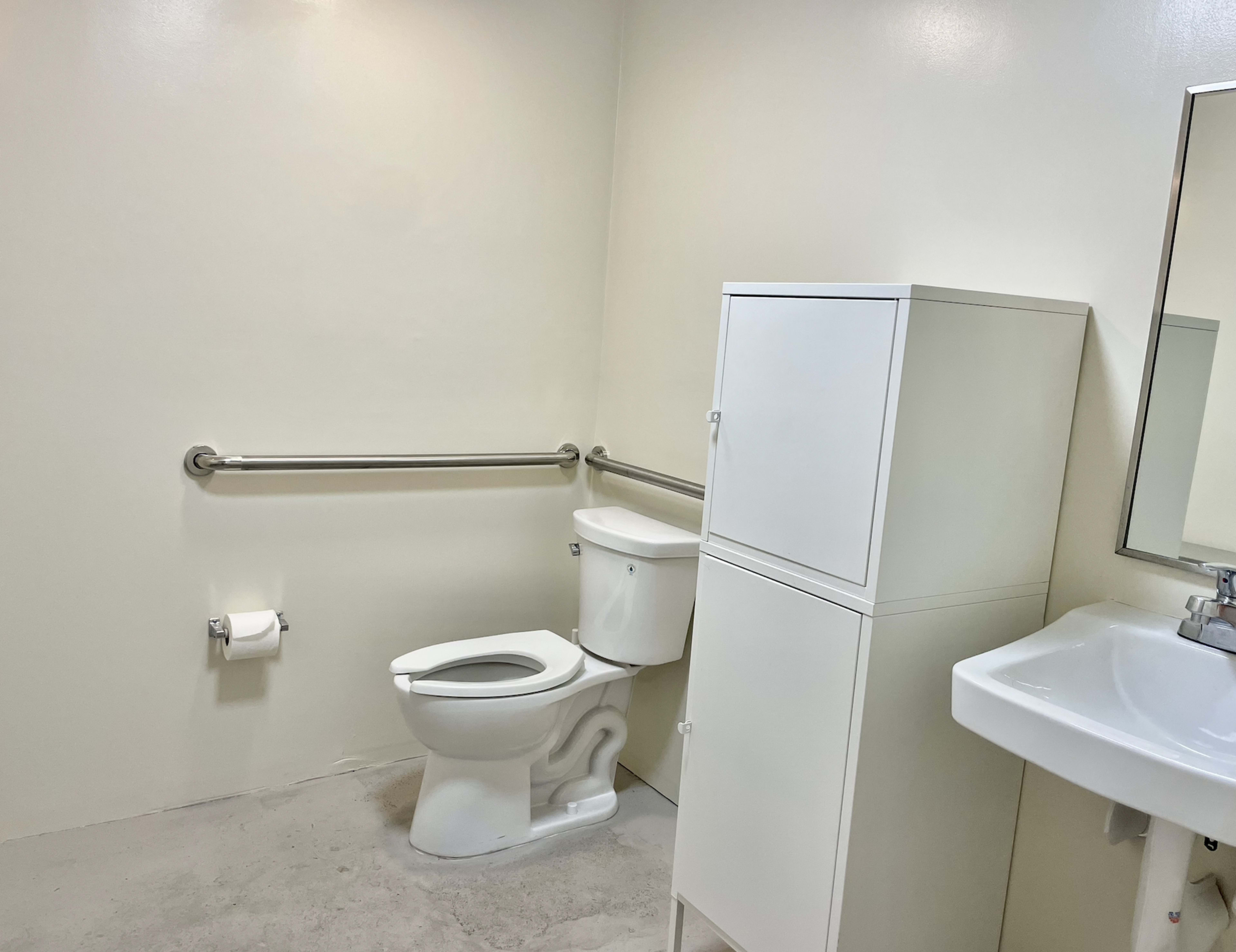 A clean bathroom with a toilet, a sink, a wall-mounted mirror, and a white cabinet.