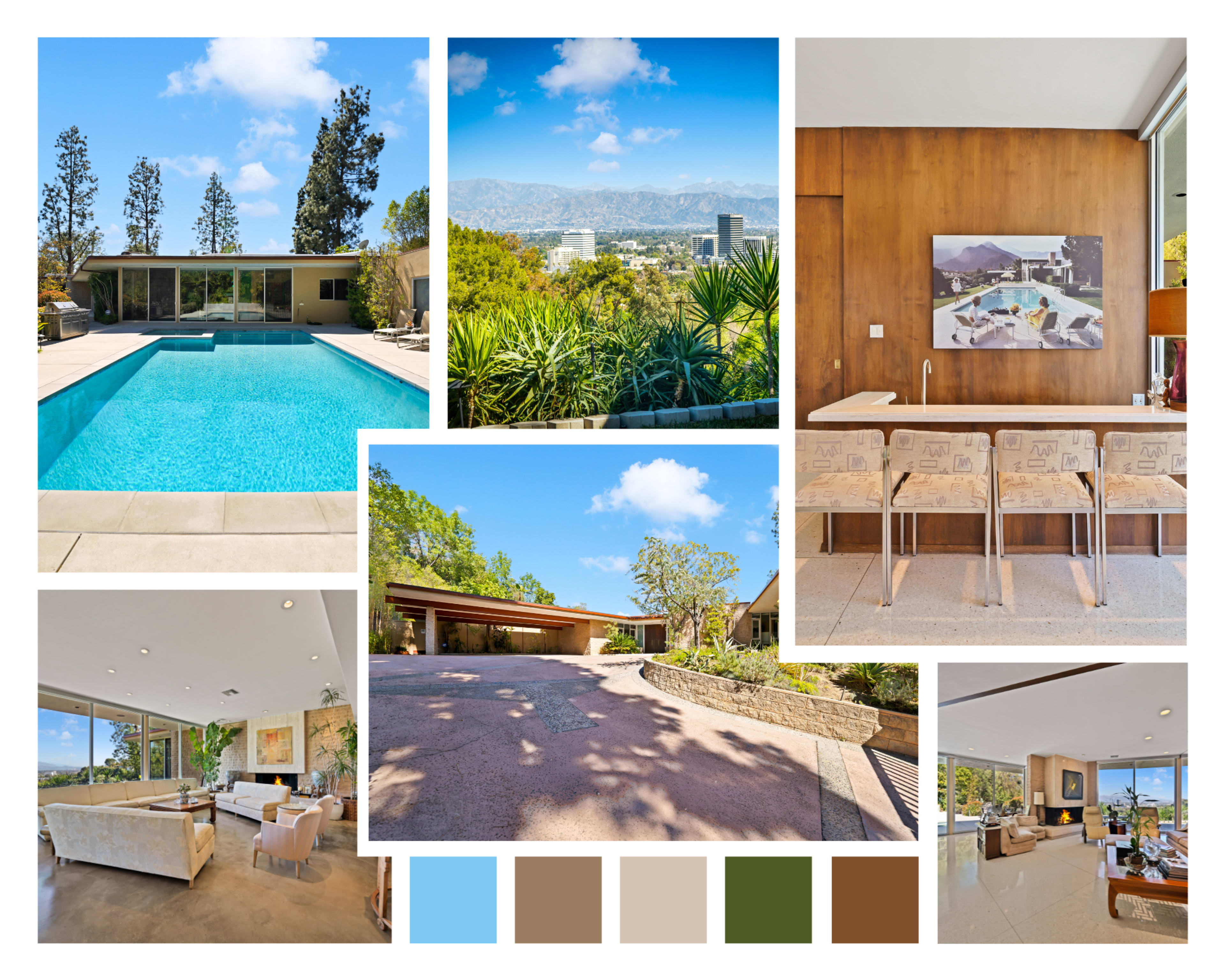 A modern home with a pool, scenic views of the city, and stylish interior and exterior decor.