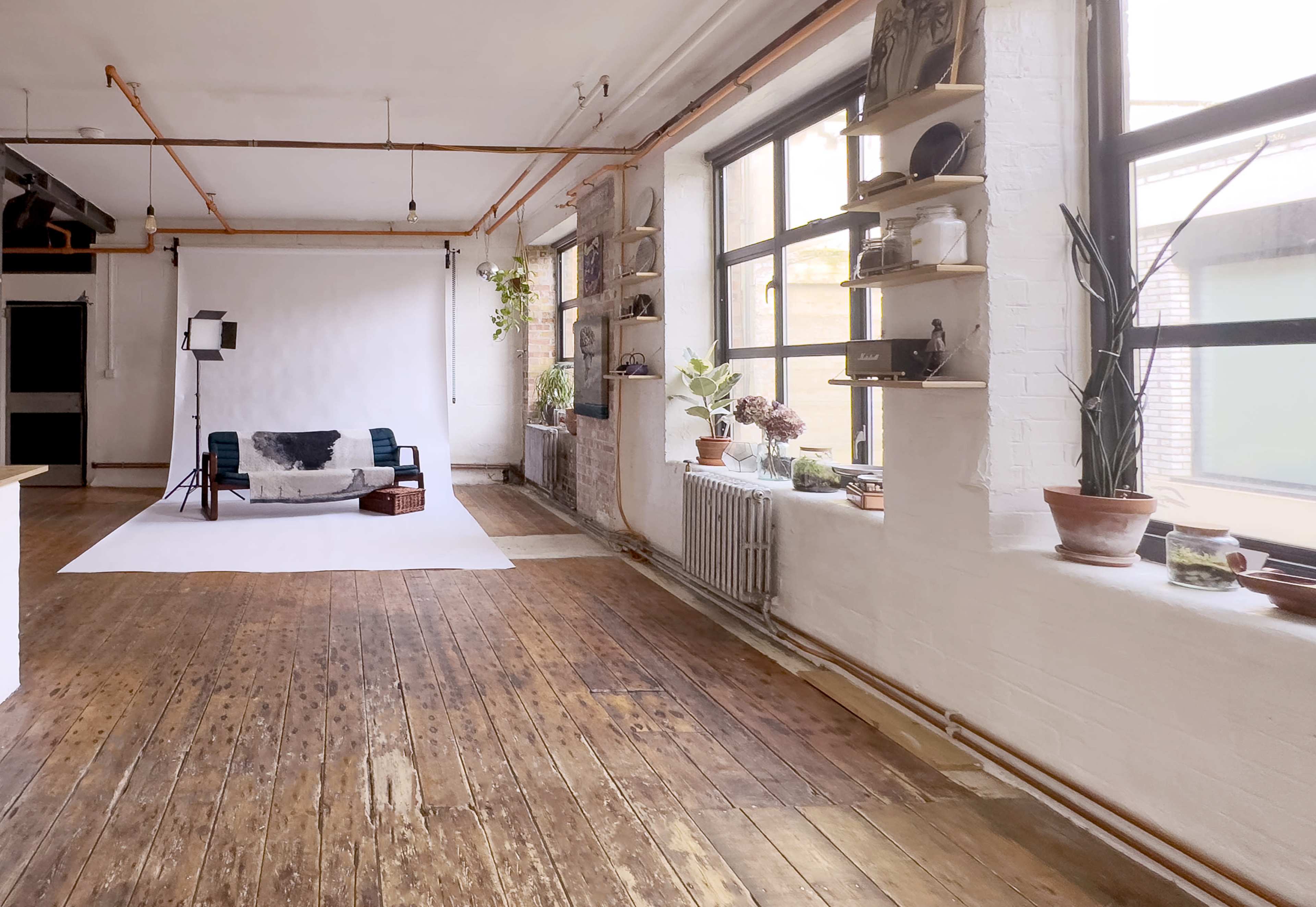 A spacious studio with wooden floors, large windows, and a photo backdrop set up alongside shelves with plants and decorative items.