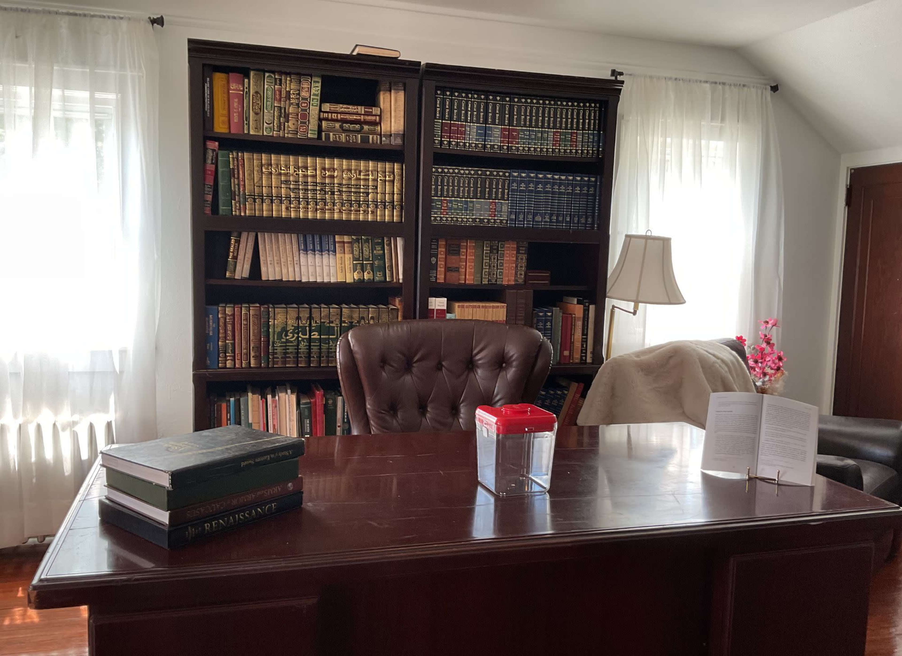 A wooden desk sits in front of a large bookshelf filled with books, with a lamp and a potted plant nearby in a well-lit room.