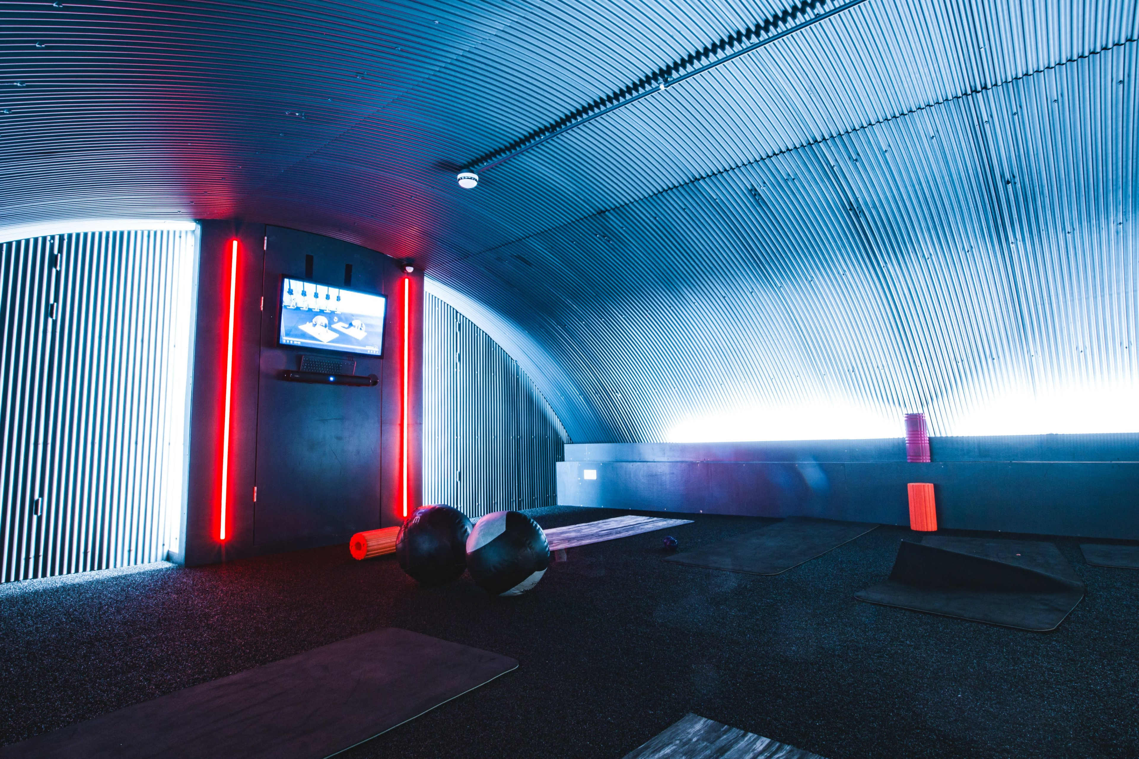 The image shows a modern workout space with a curved metal ceiling, illuminated by blue and red lights, featuring exercise mats and two medicine balls on a rubber floor.