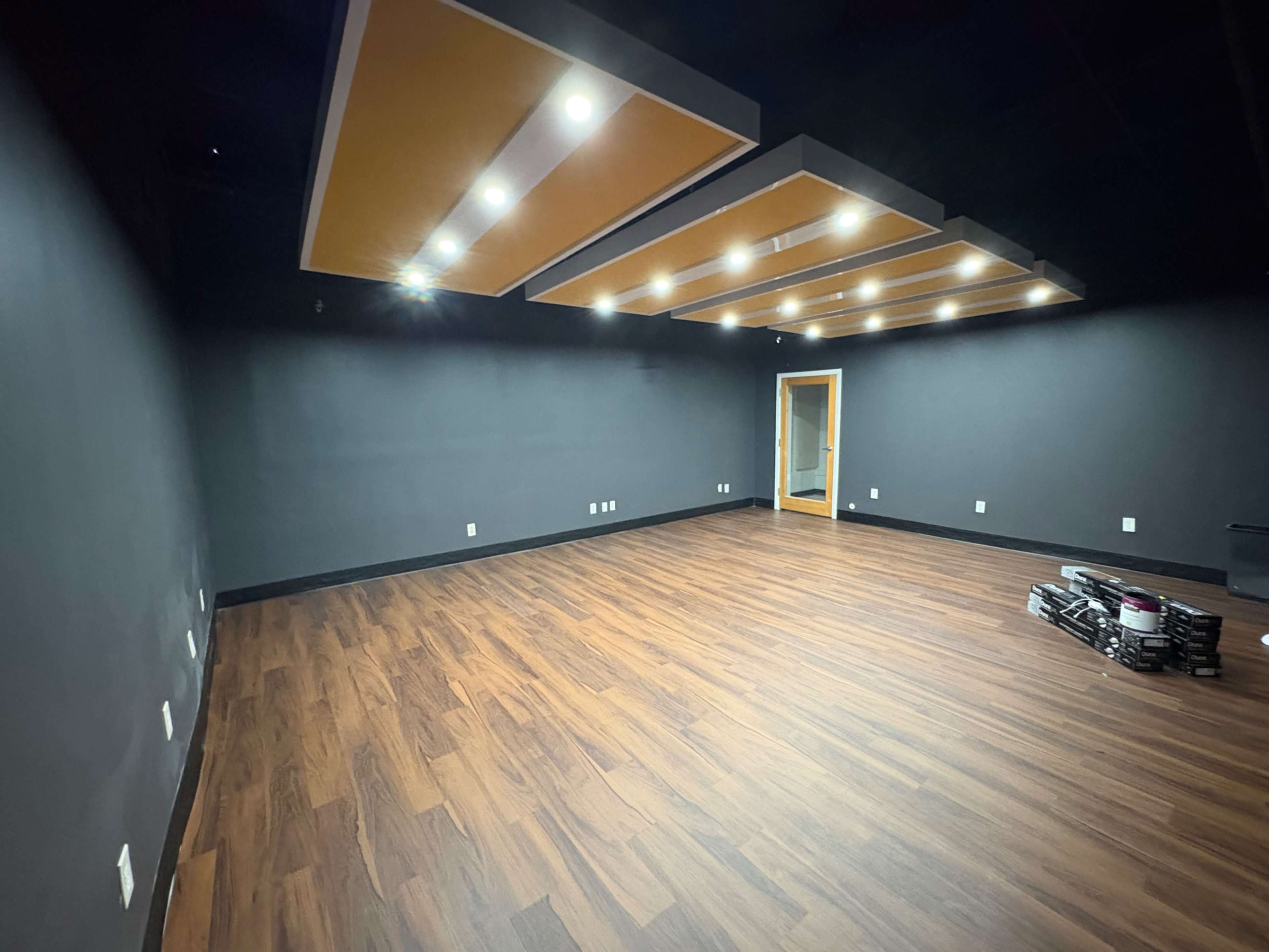 The image shows an empty room with dark walls, wooden flooring, and ceiling lights illuminating the space.