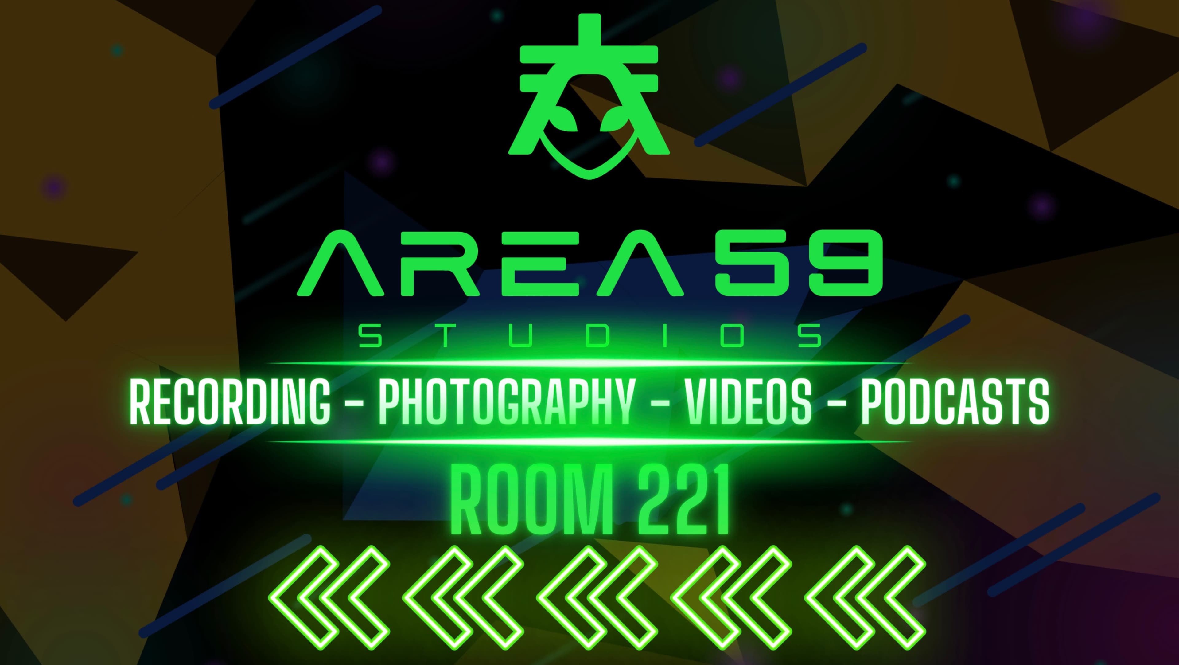 A colorful graphic featuring the text "AREA 59 STUDIOS" along with the terms "Recording - Photography - Videos - Podcasts" and "ROOM 221" illuminated in neon green.