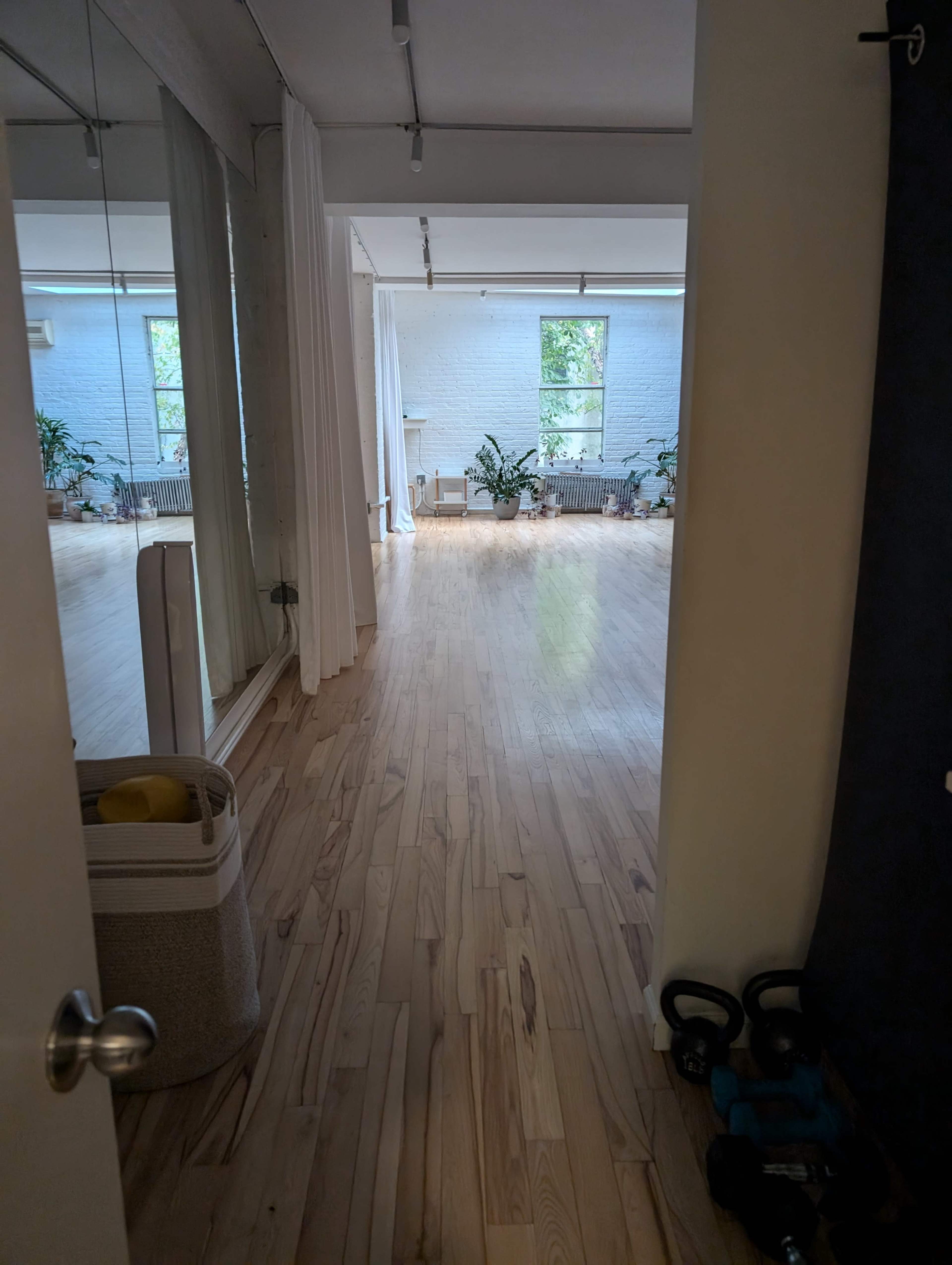 The image shows a view from a doorway into a bright room with wooden floors, large windows, and indoor plants.