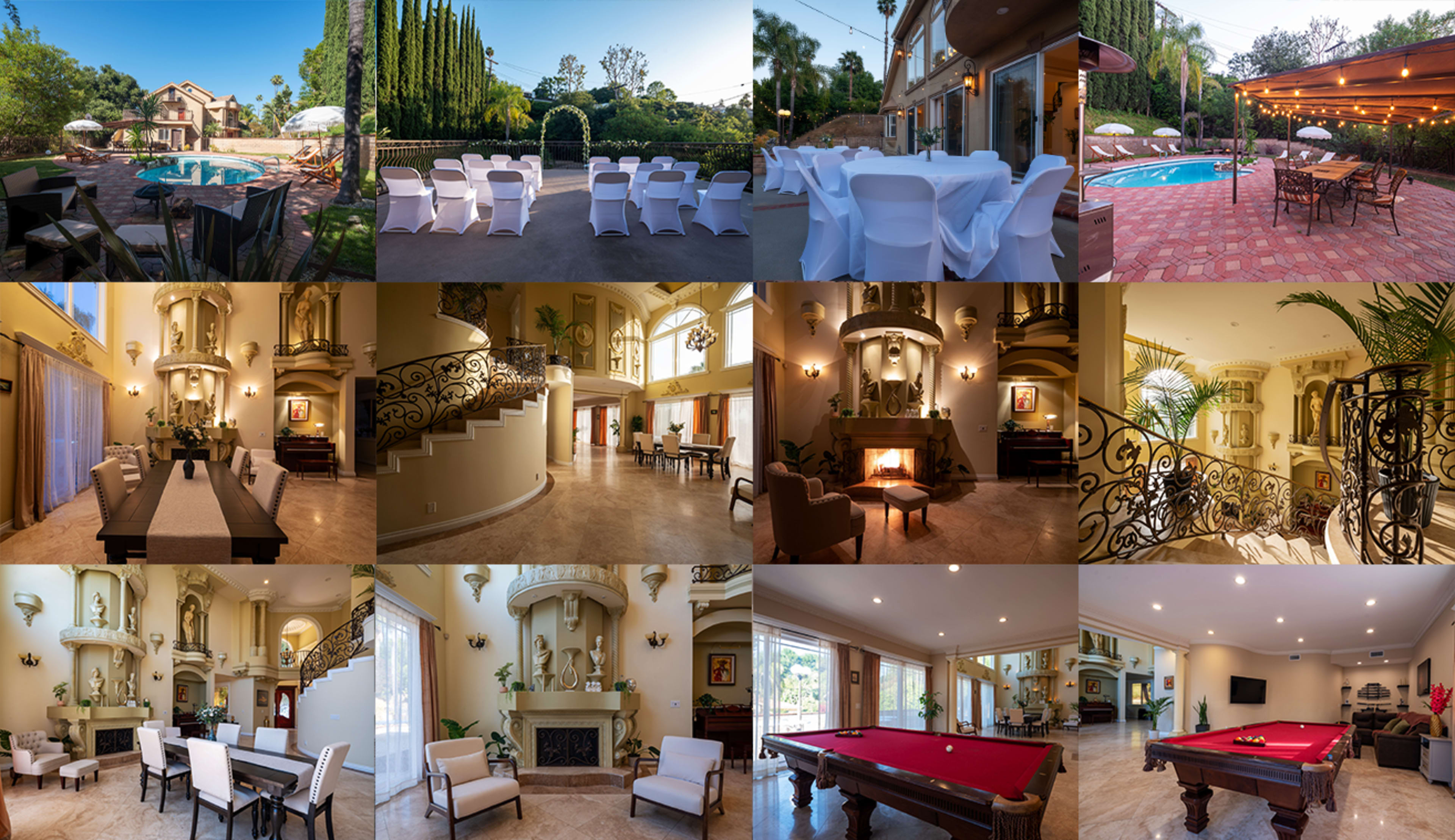 The image showcases a luxury villa with various scenes, including outdoor seating areas, a swimming pool, and elegant indoor spaces featuring a grand staircase, dining areas, and recreational rooms with a pool table.