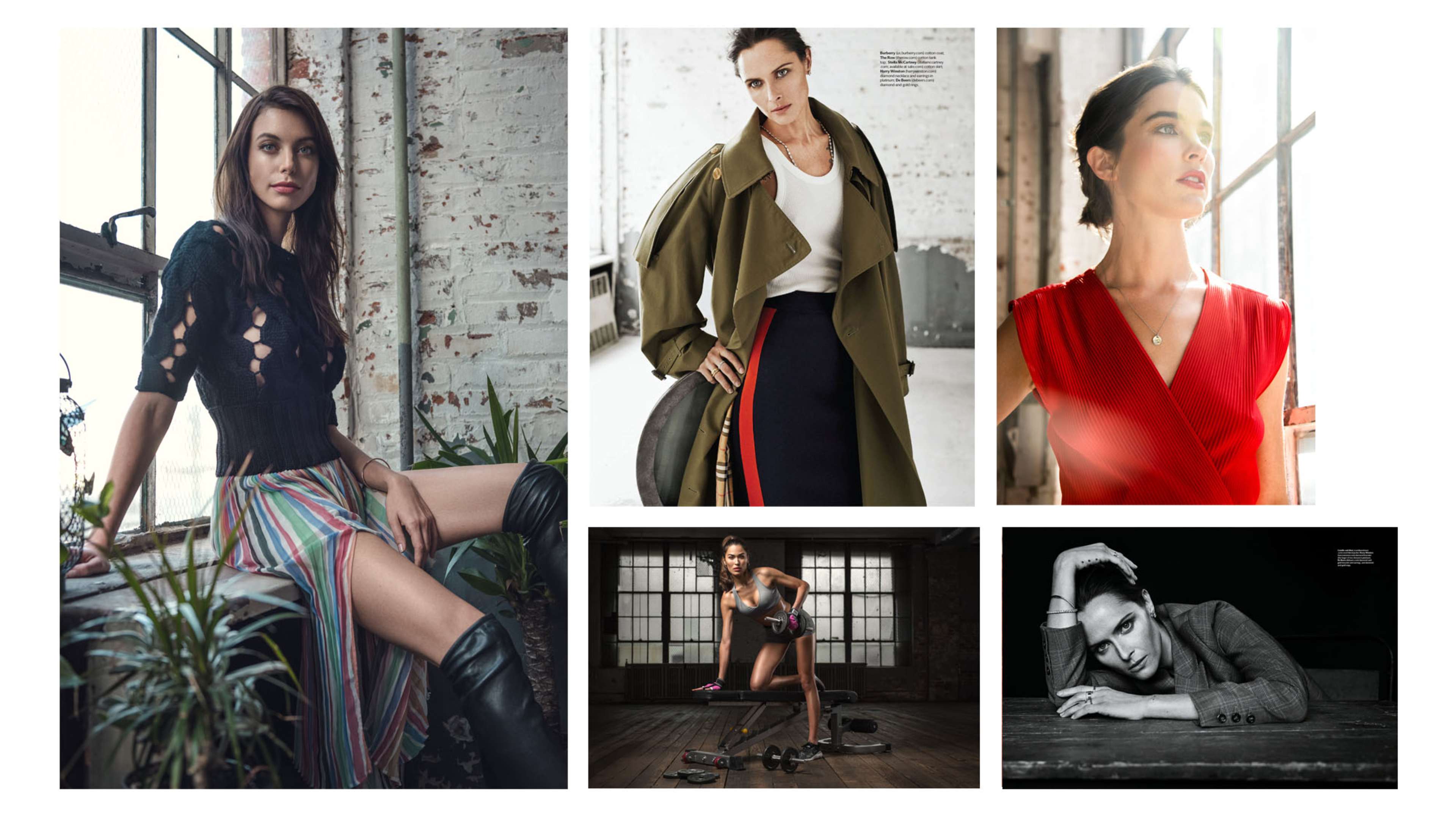 A collage of five fashion shots showcasing women in various outfits, posed against industrial and minimalist backgrounds.