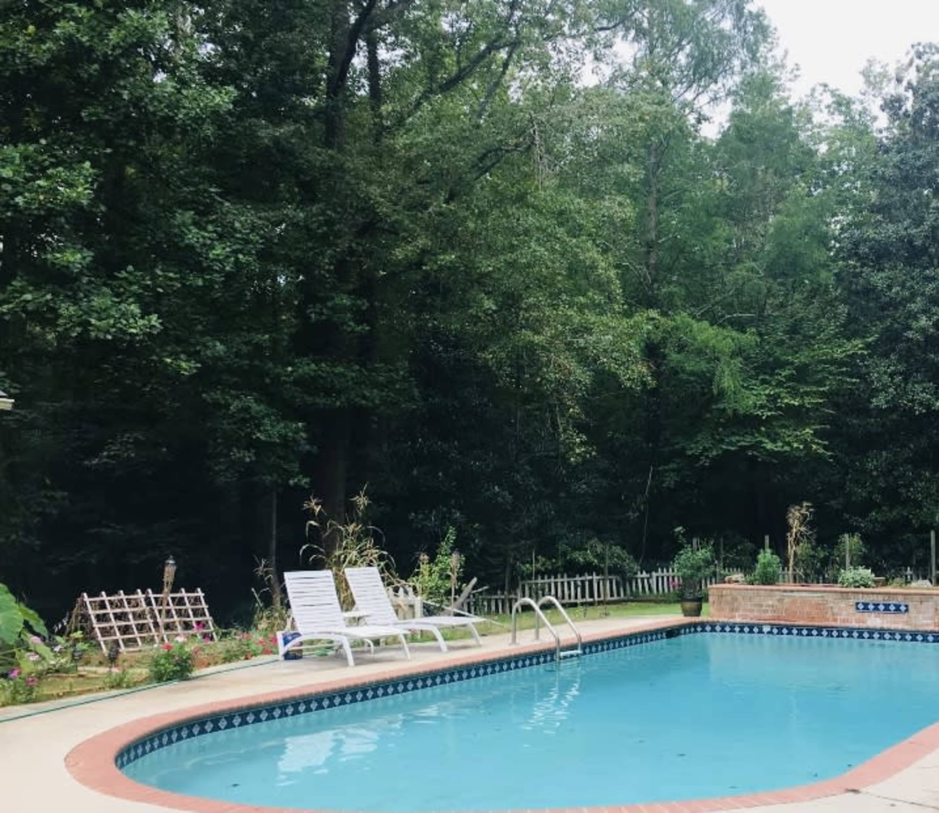 The image shows a swimming pool surrounded by a concrete deck, two lounge chairs, and a backdrop of trees and garden greenery.