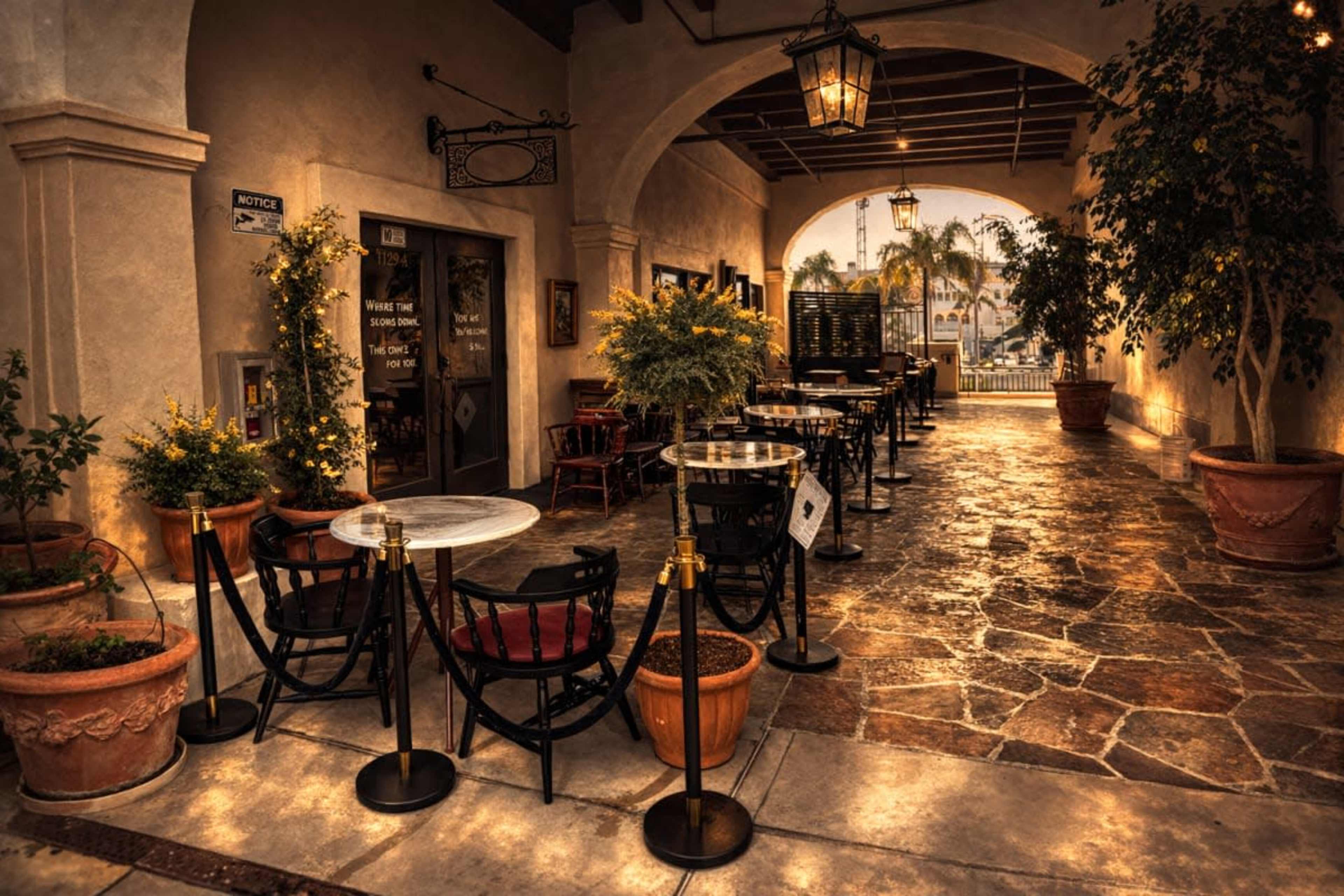 The image shows a quiet outdoor café area with tables and chairs arranged along a corridor, surrounded by potted plants and bathed in warm evening light.
