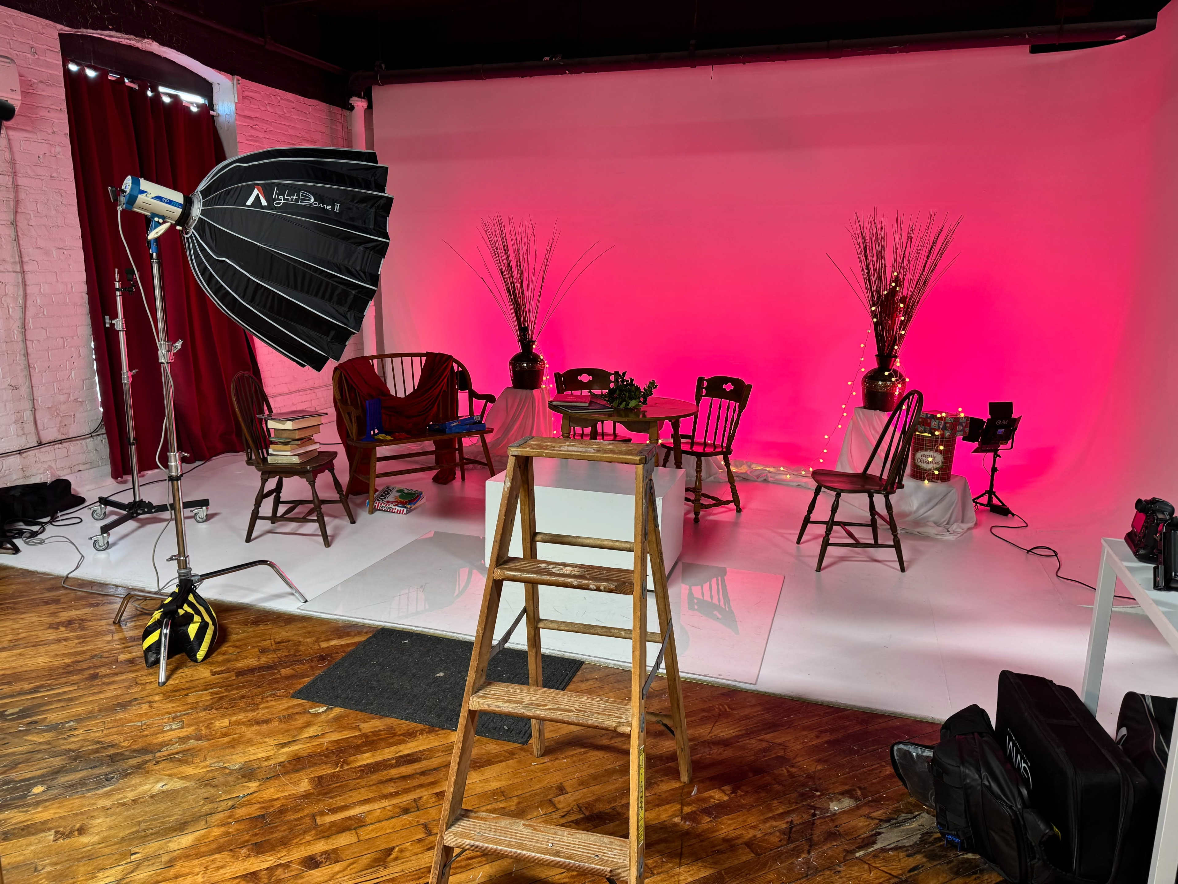 The image shows a photo studio setup with a pink backdrop, several chairs arranged in front, decorative plants, and lighting equipment positioned on a wooden floor.