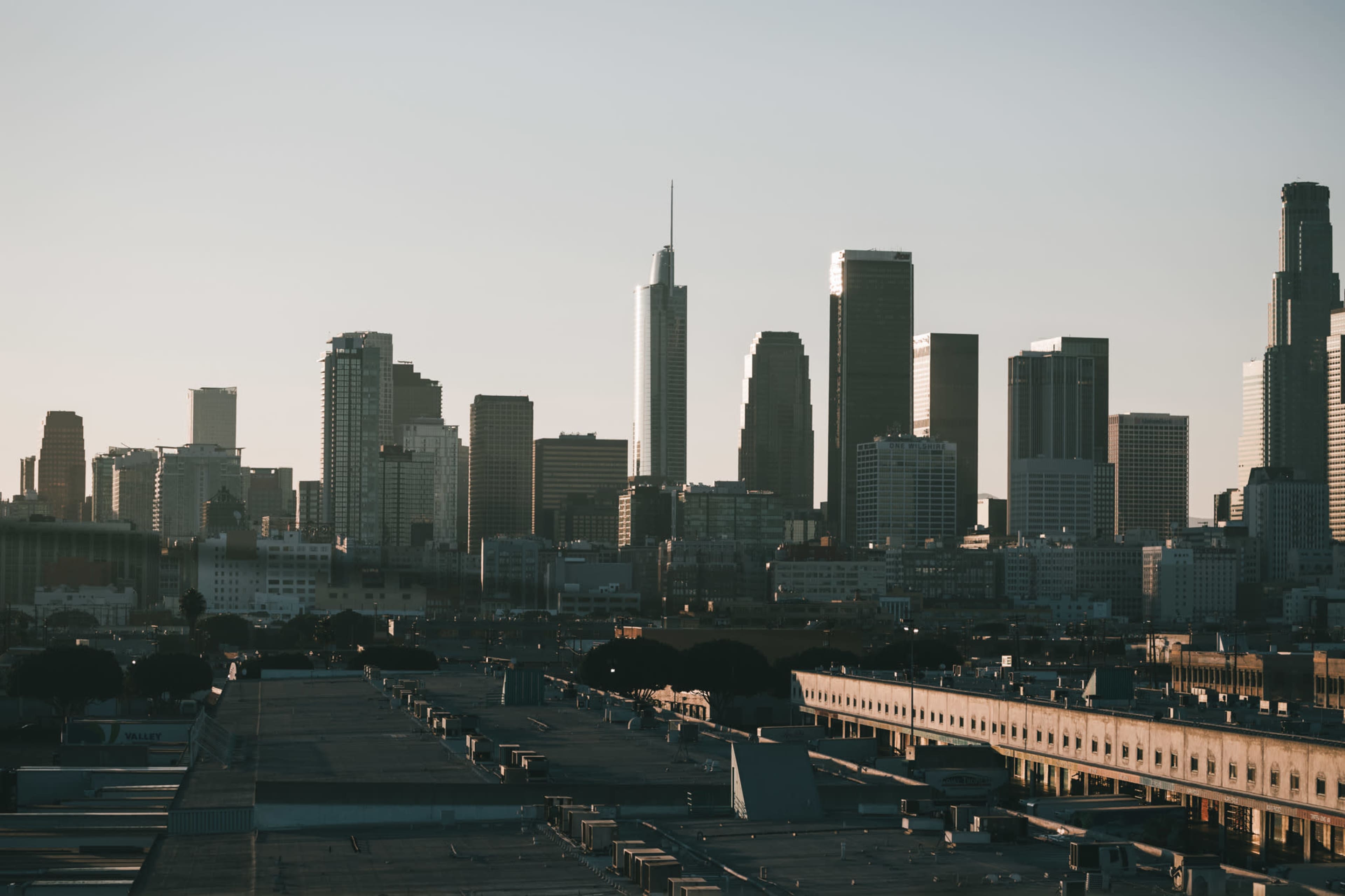 A skyline of tall buildings in a city during sunset, with distinct architectural shapes and structures outlined against the horizon.