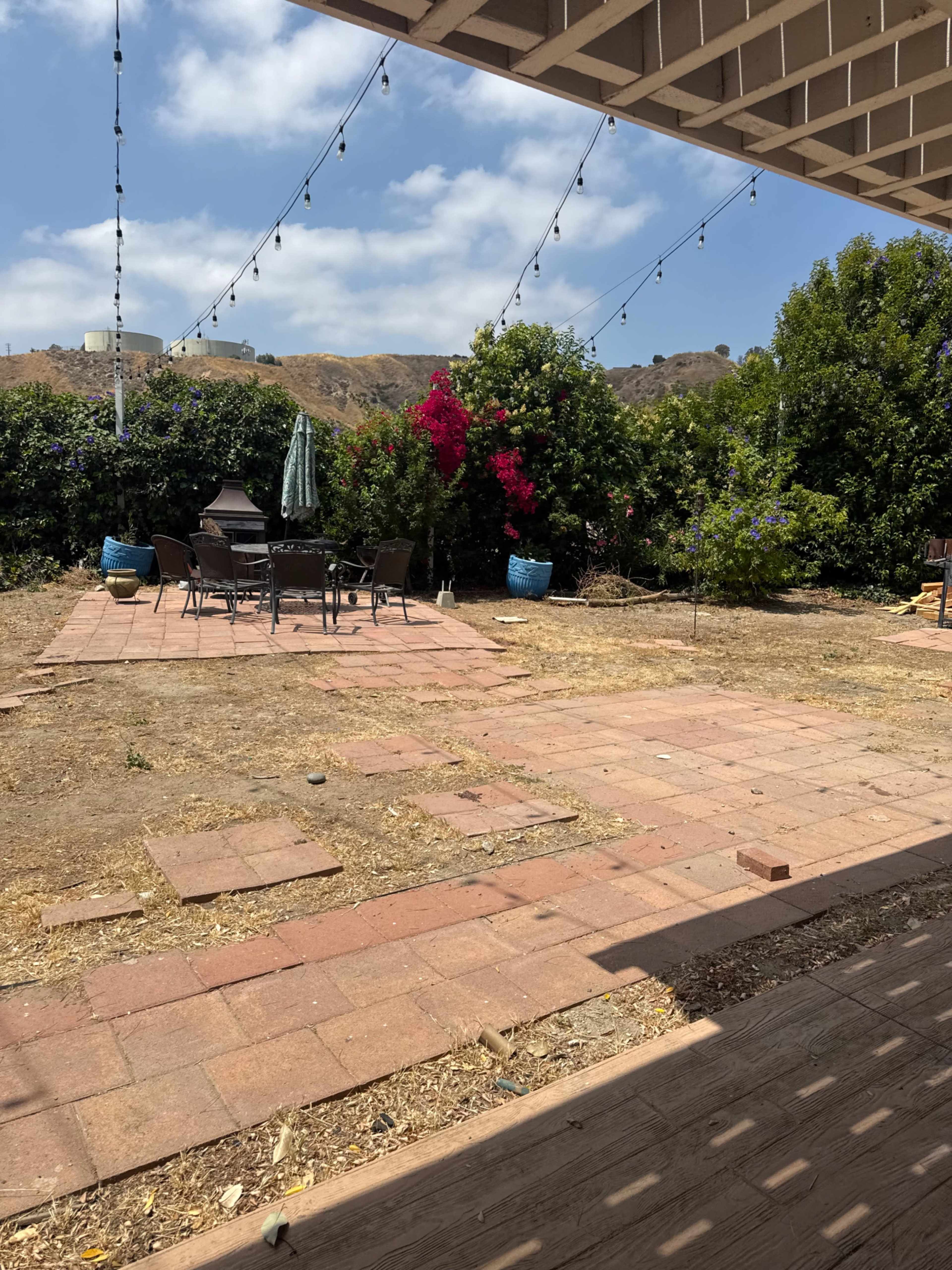 The image shows a patio area with a dining set and several plants surrounded by a dirt and brick landscape under a partly cloudy sky.