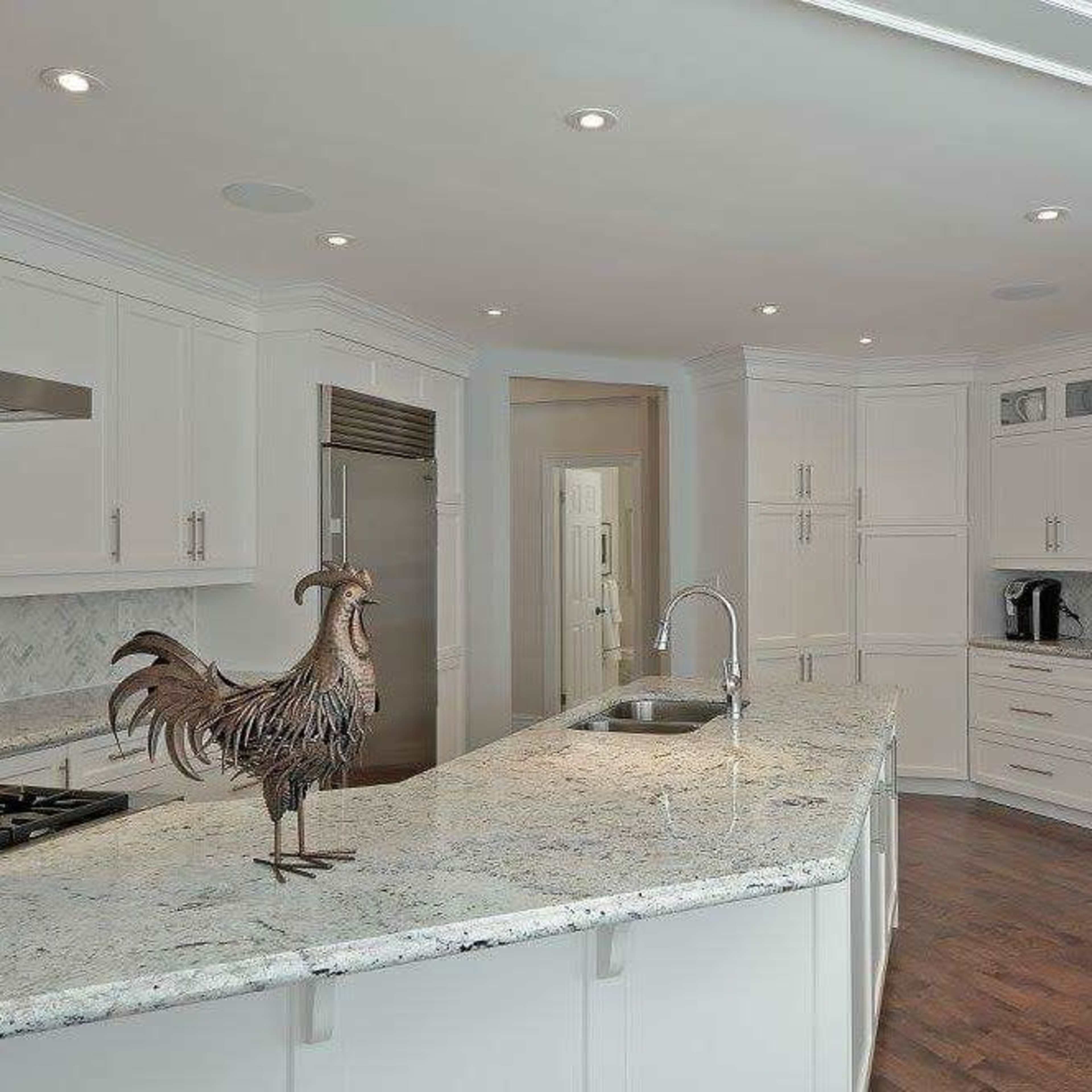 A modern kitchen features white cabinetry, a large granite island with a rooster sculpture, and stainless steel appliances.