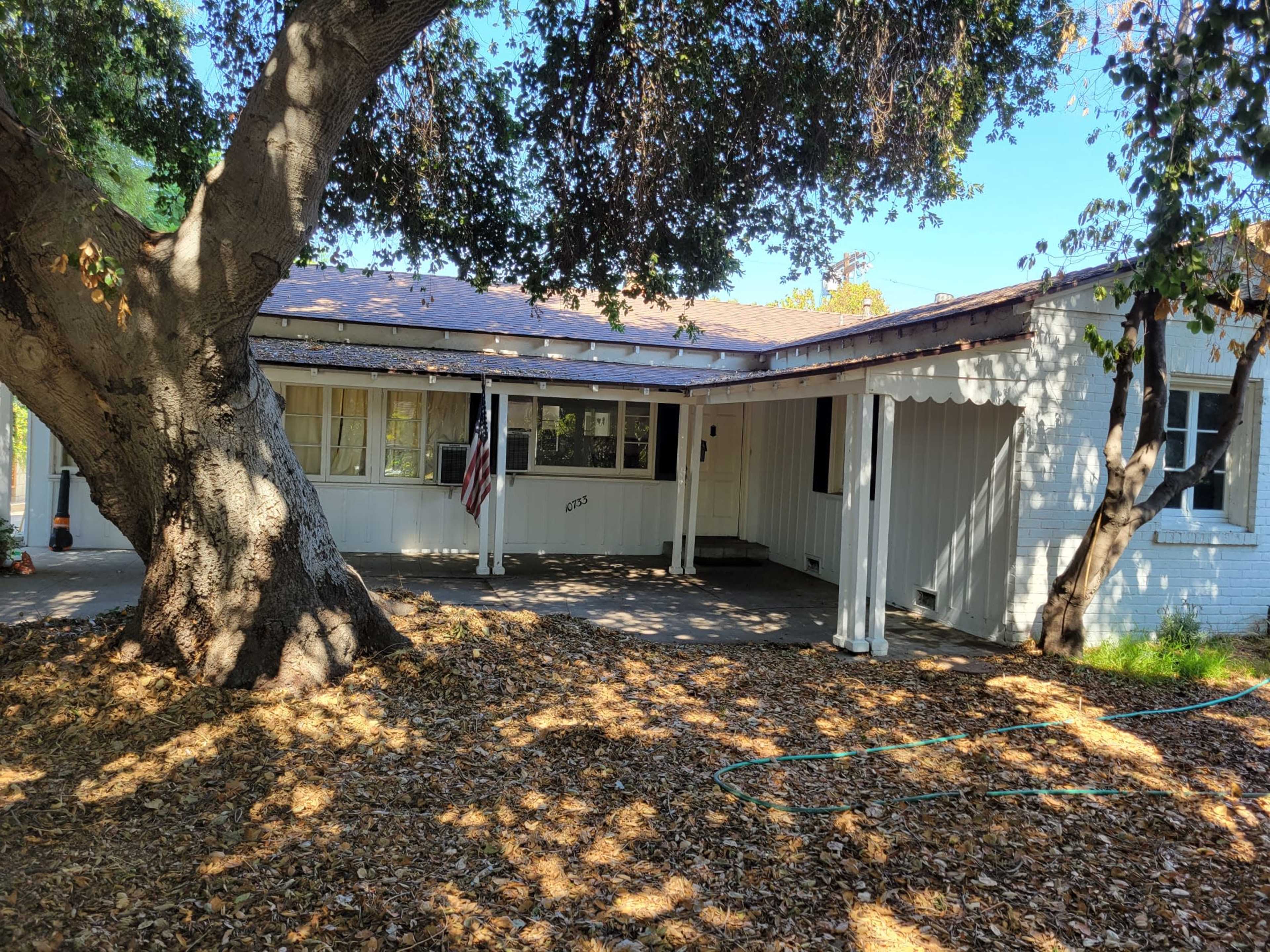 A white, one-story house with a porch is surrounded by a lawn covered in fallen leaves and a large tree.