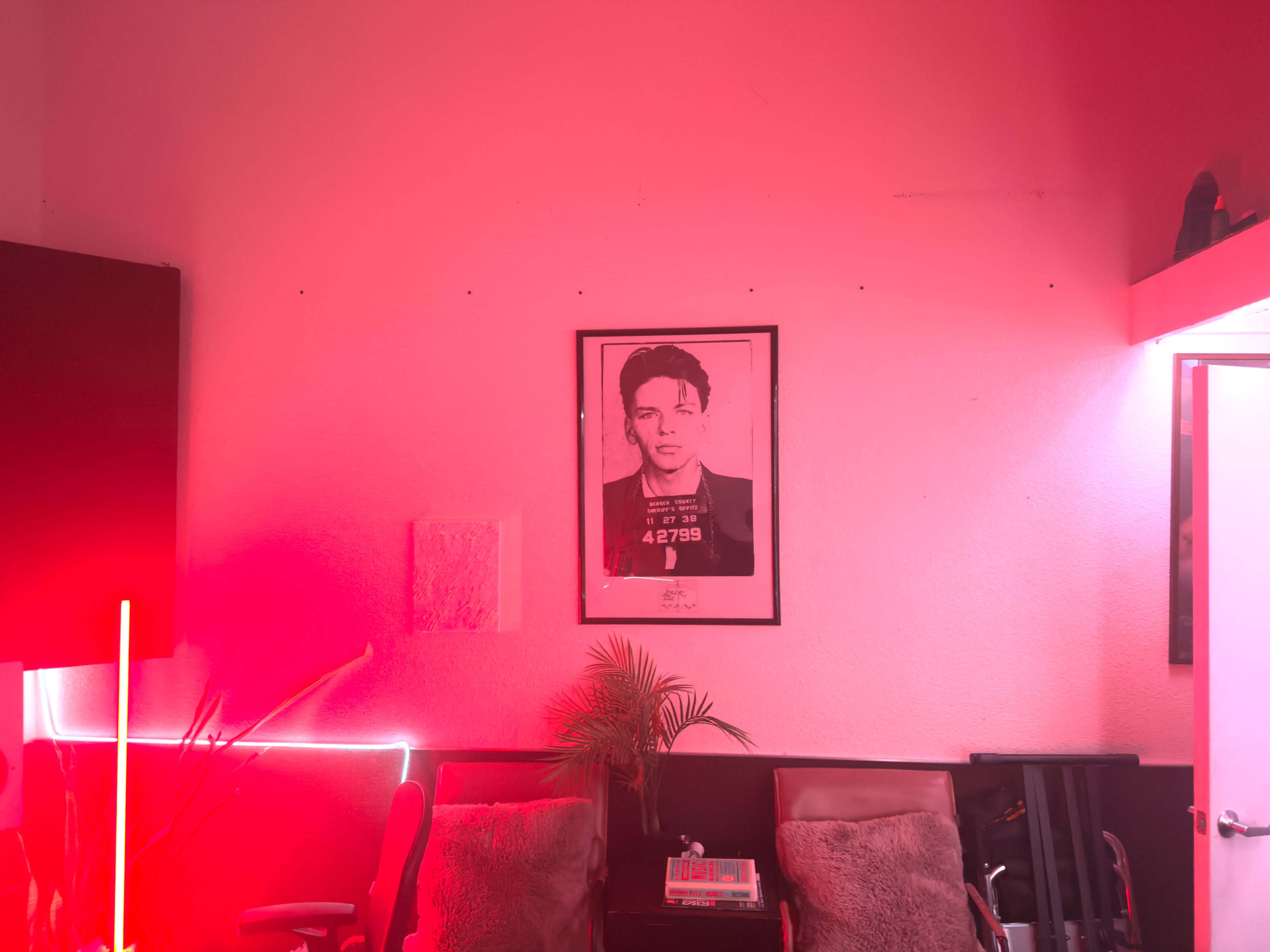 The image shows a room with a framed mugshot on the wall, pink lighting, and two chairs.