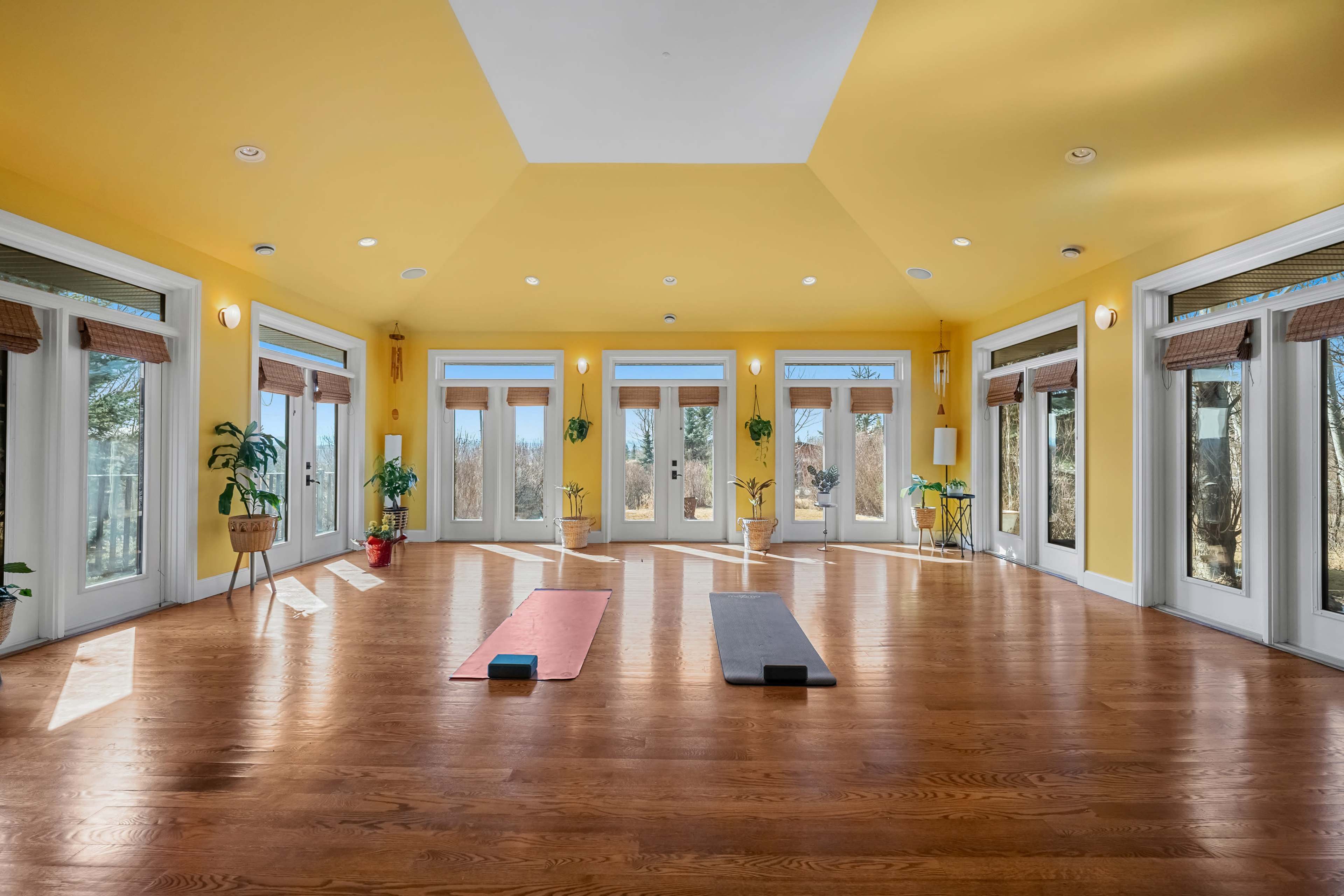 The image shows a spacious sunlit yoga studio with wooden floors and large windows, featuring two yoga mats and potted plants.