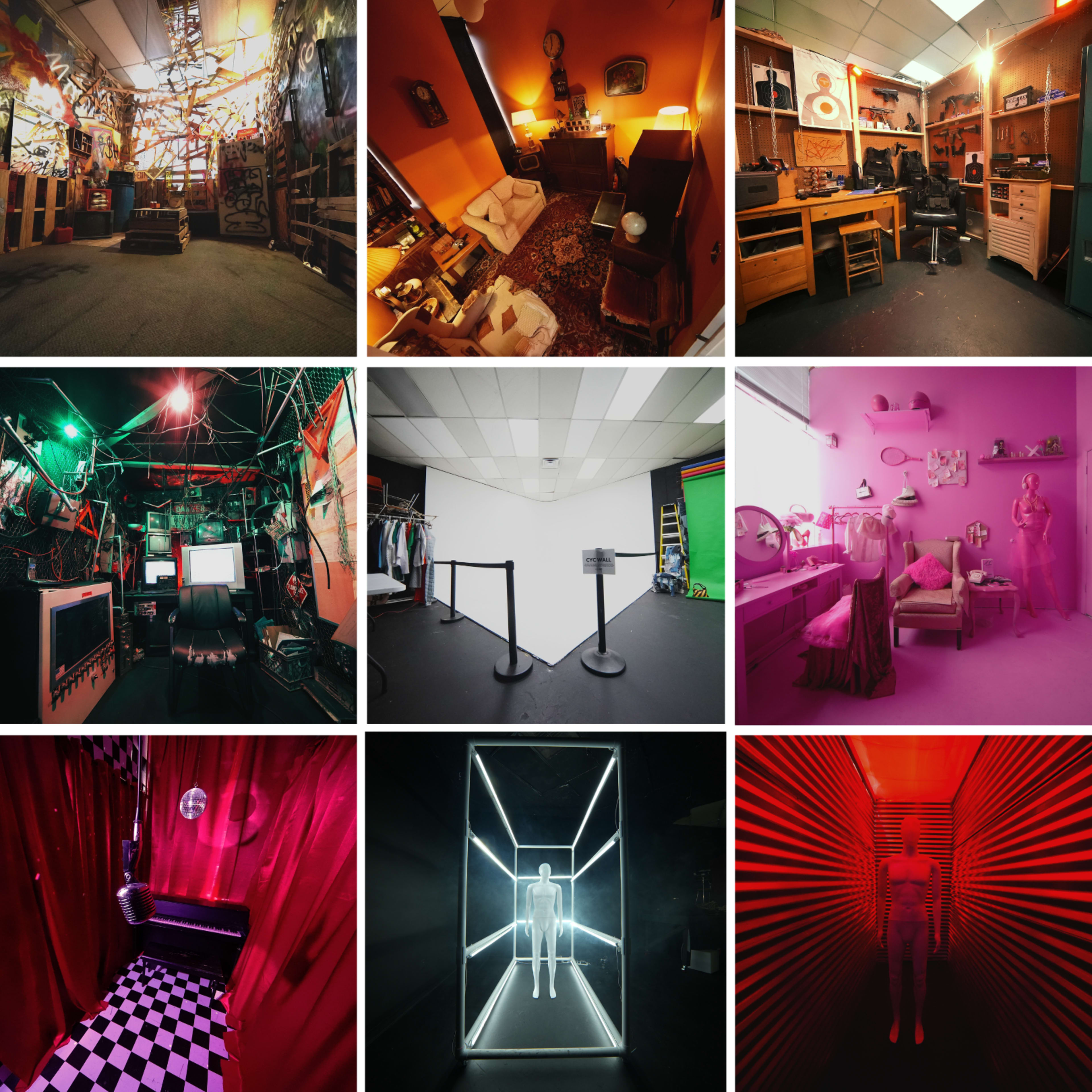 A grid of nine distinct room scenes featuring various arrangements of furniture, decorations, lighting, and color themes.