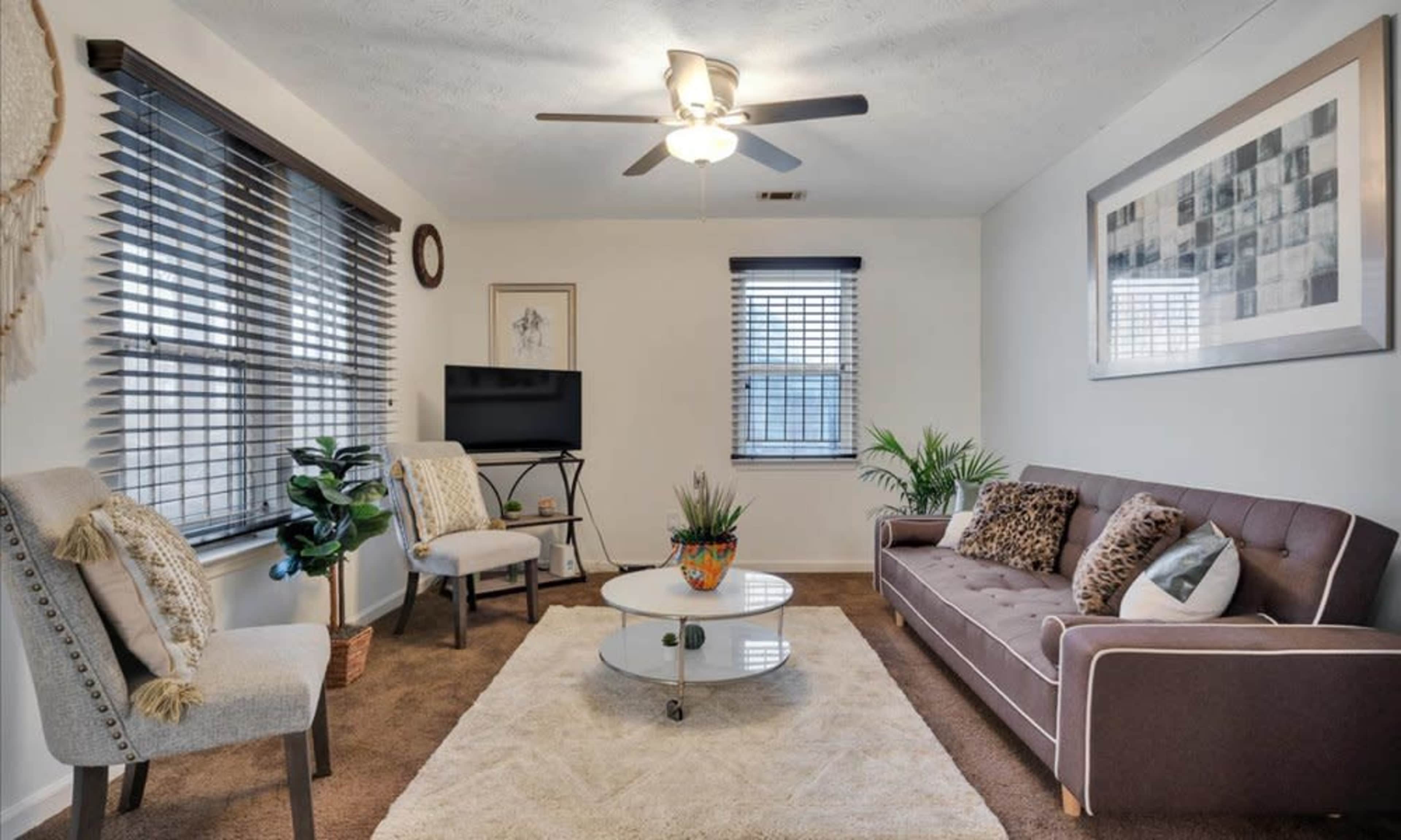 The living room features a sofa, two chairs, a round coffee table, and a television, all arranged around a carpeted area with large windows and indoor plants.