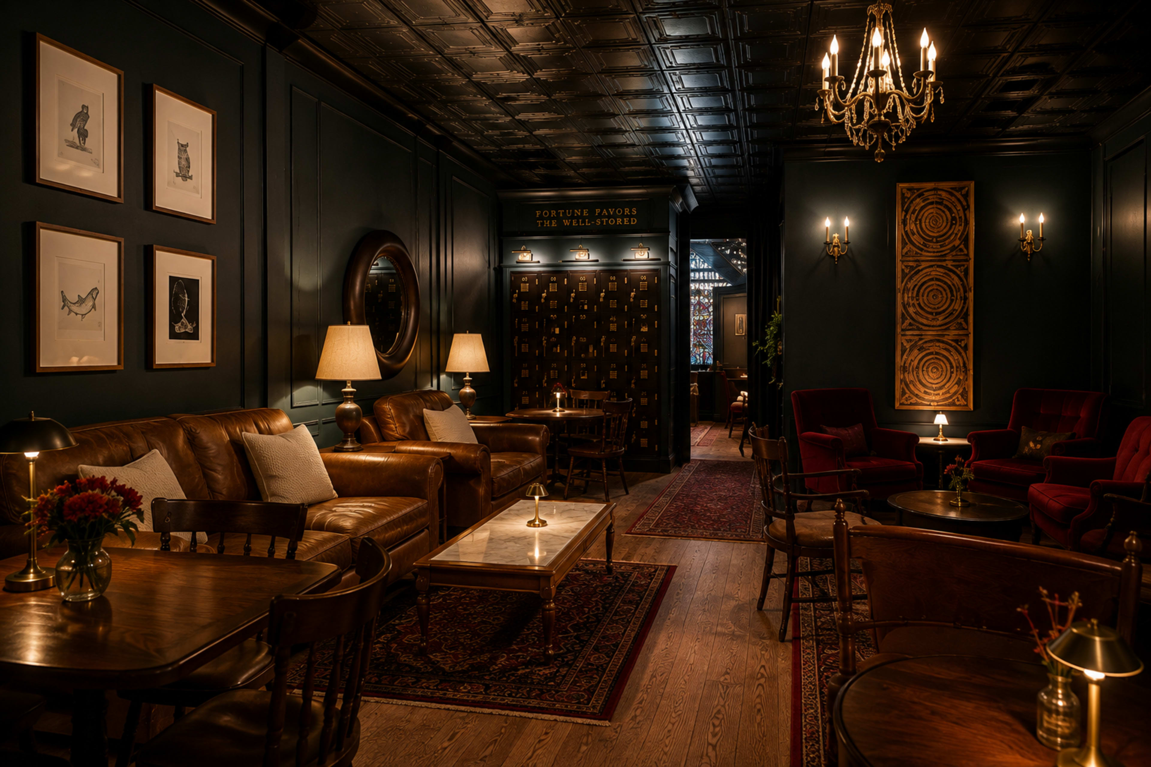 A dimly lit, elegant lounge features leather sofas, wooden tables, and decorative artwork against dark walls, creating a cozy atmosphere.