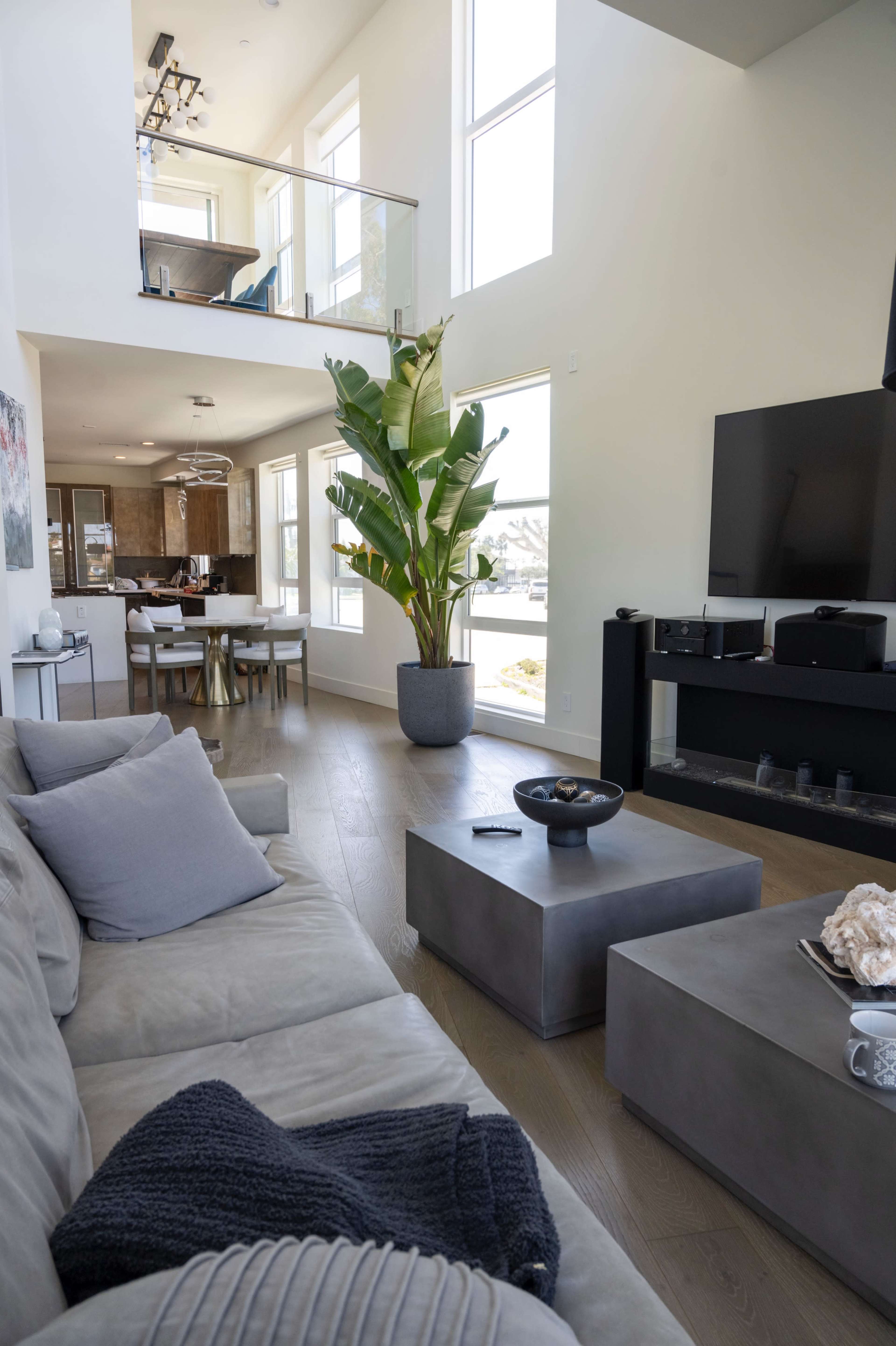A modern living room with a large sofa, a coffee table, and a tall indoor plant, with a view of windows and an open dining area in the background.