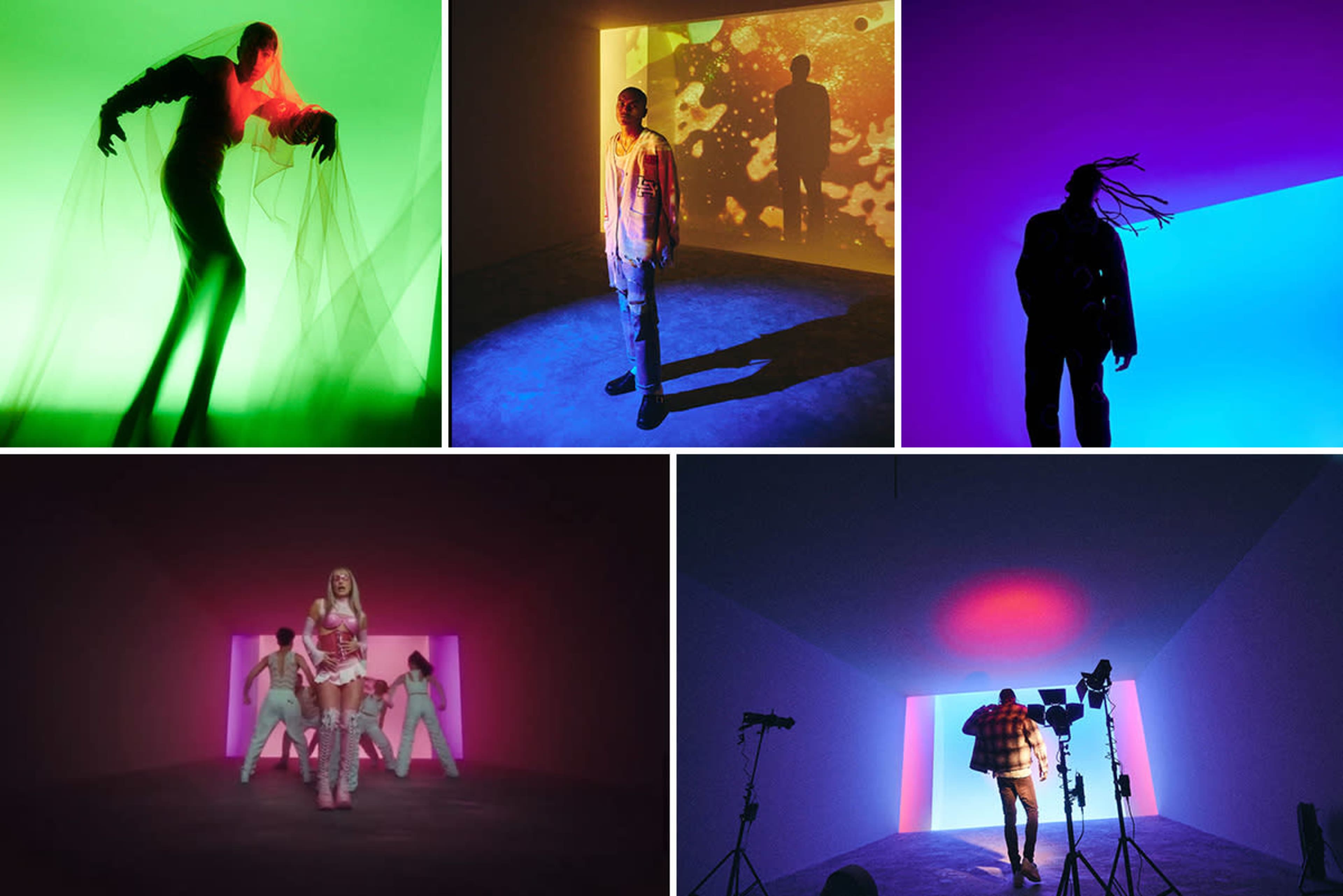 A series of vibrant, colorful scenes featuring figures in dramatic poses, illuminated by various colored lights and projections within an art installation setting.