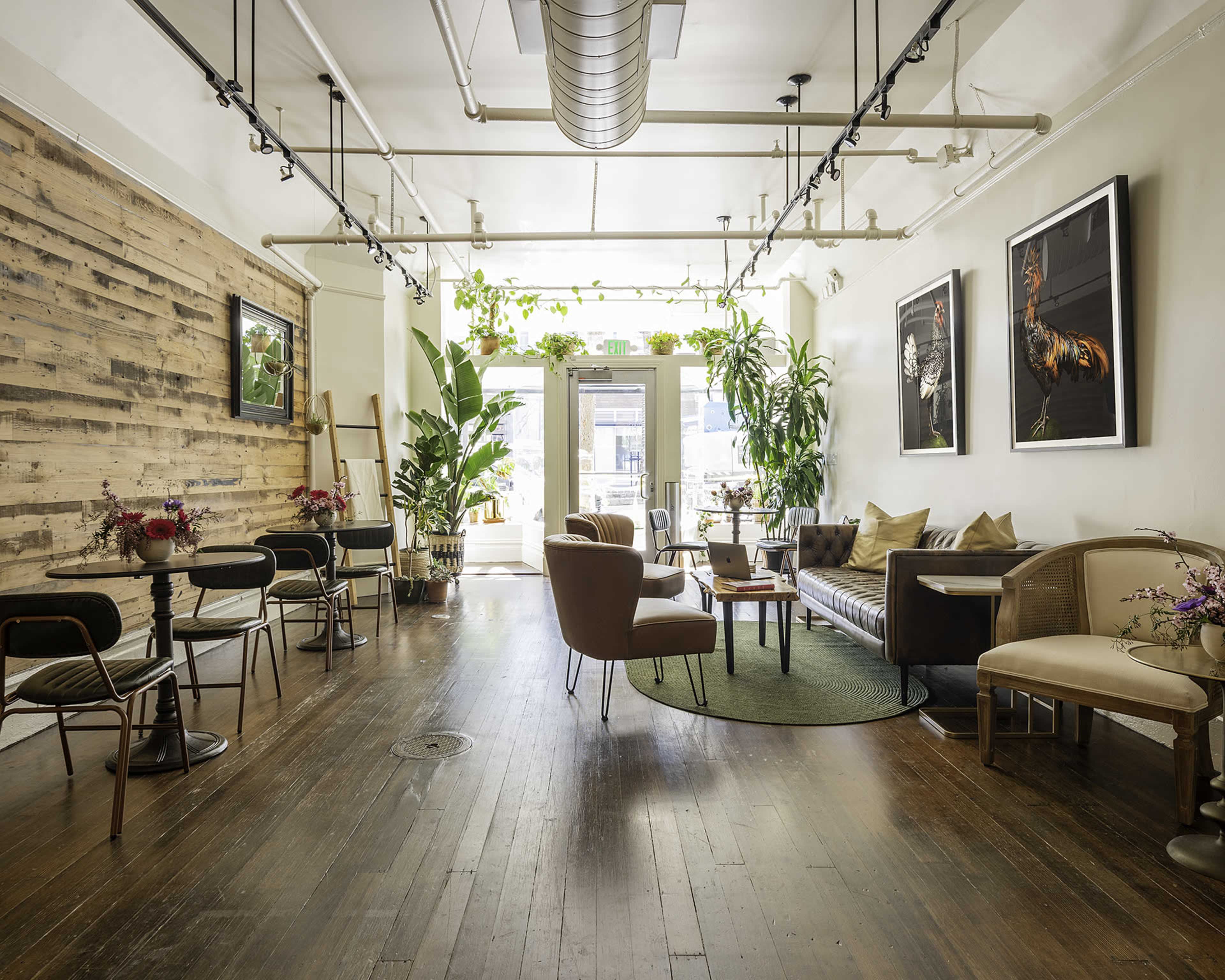 A spacious and well-lit café with wooden flooring, plants throughout, and seating arranged around a central area.