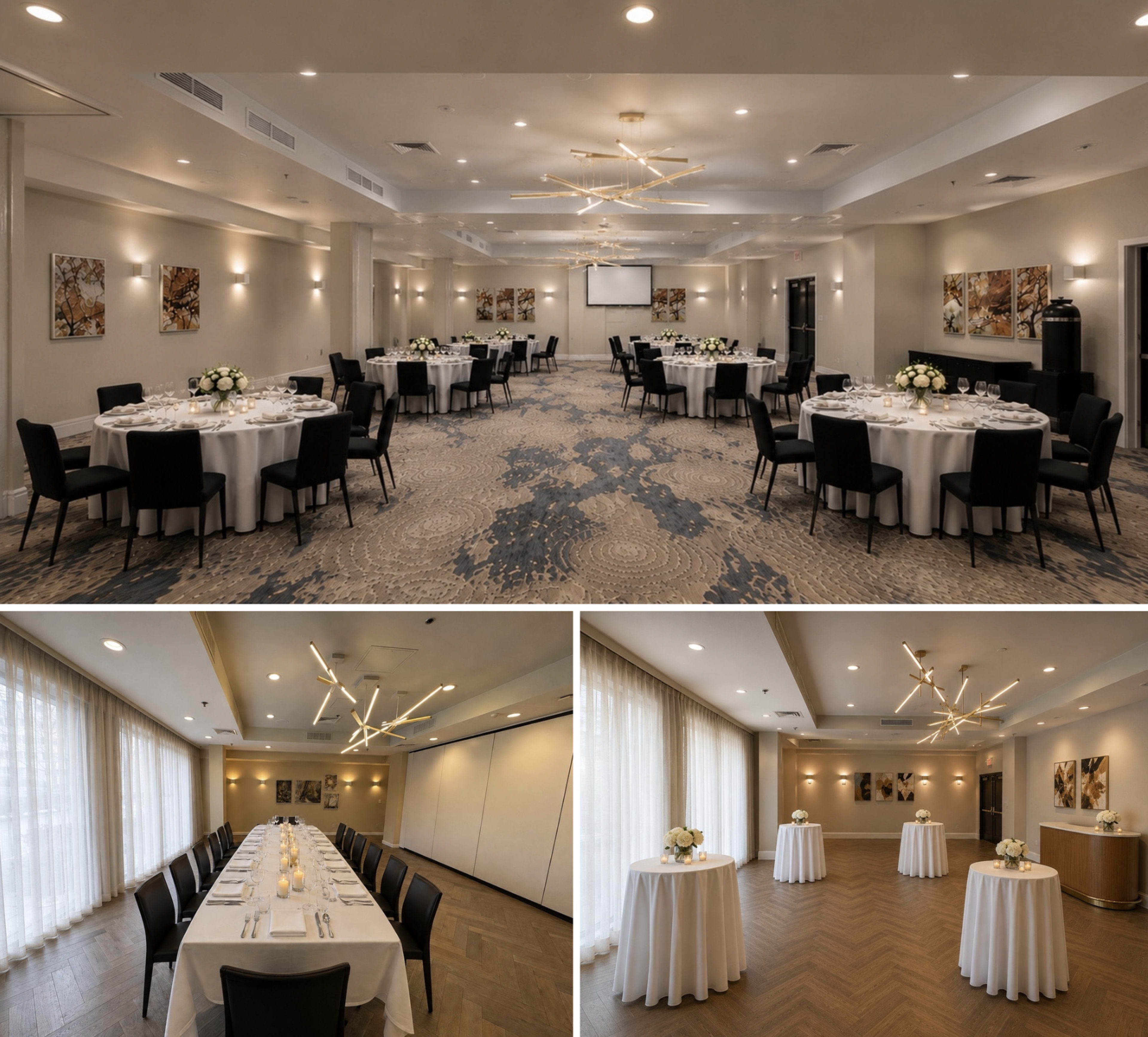 The image shows an elegant banquet room set up with round tables adorned with white tablecloths and centerpieces, alongside a separate area featuring a long table and cocktail settings, all under modern lighting fixtures.